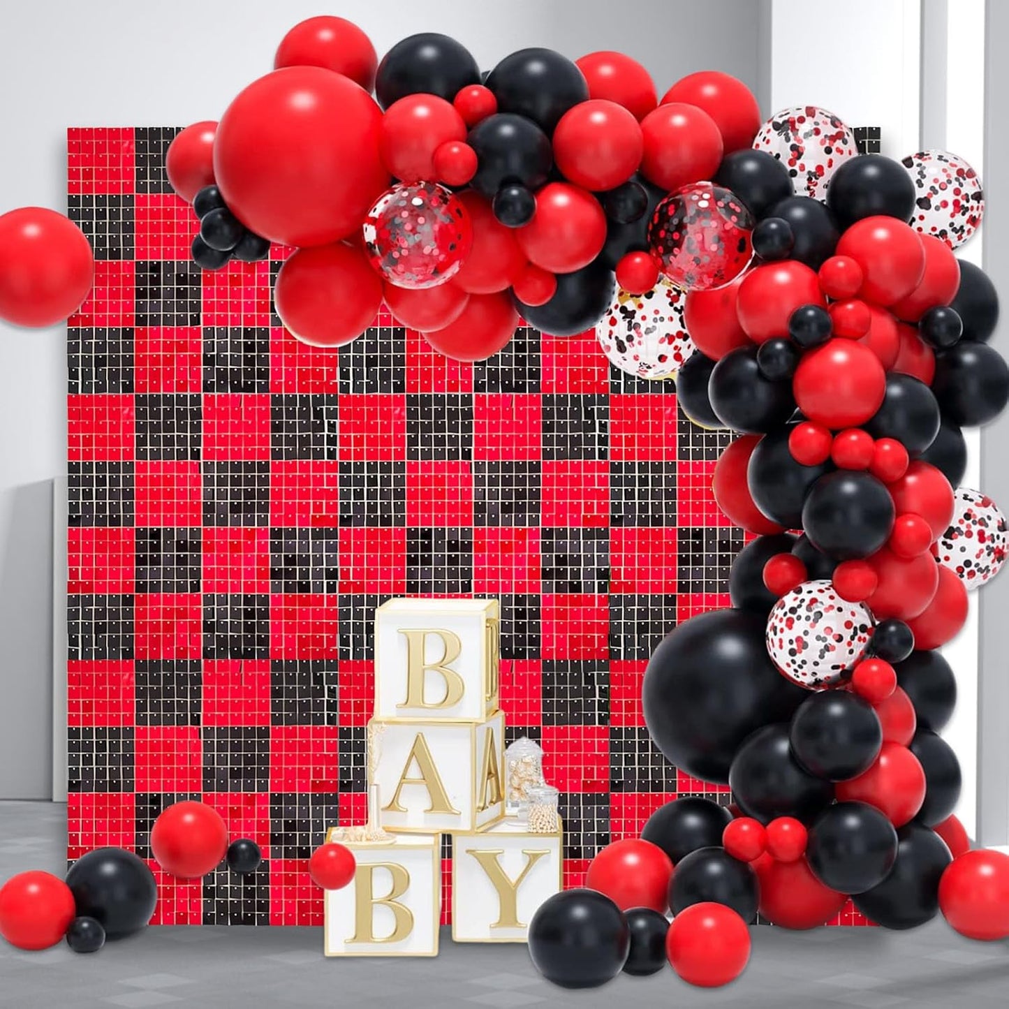 24PCS Black Red Shimmer Wall Backdrop, Square Sequin Photo Backdrops Panel, Glitter Wall Background for Birthdays, Weddings, Christmas, Halloween, Disco Bachelorette Party Decor (4FTx6FT)