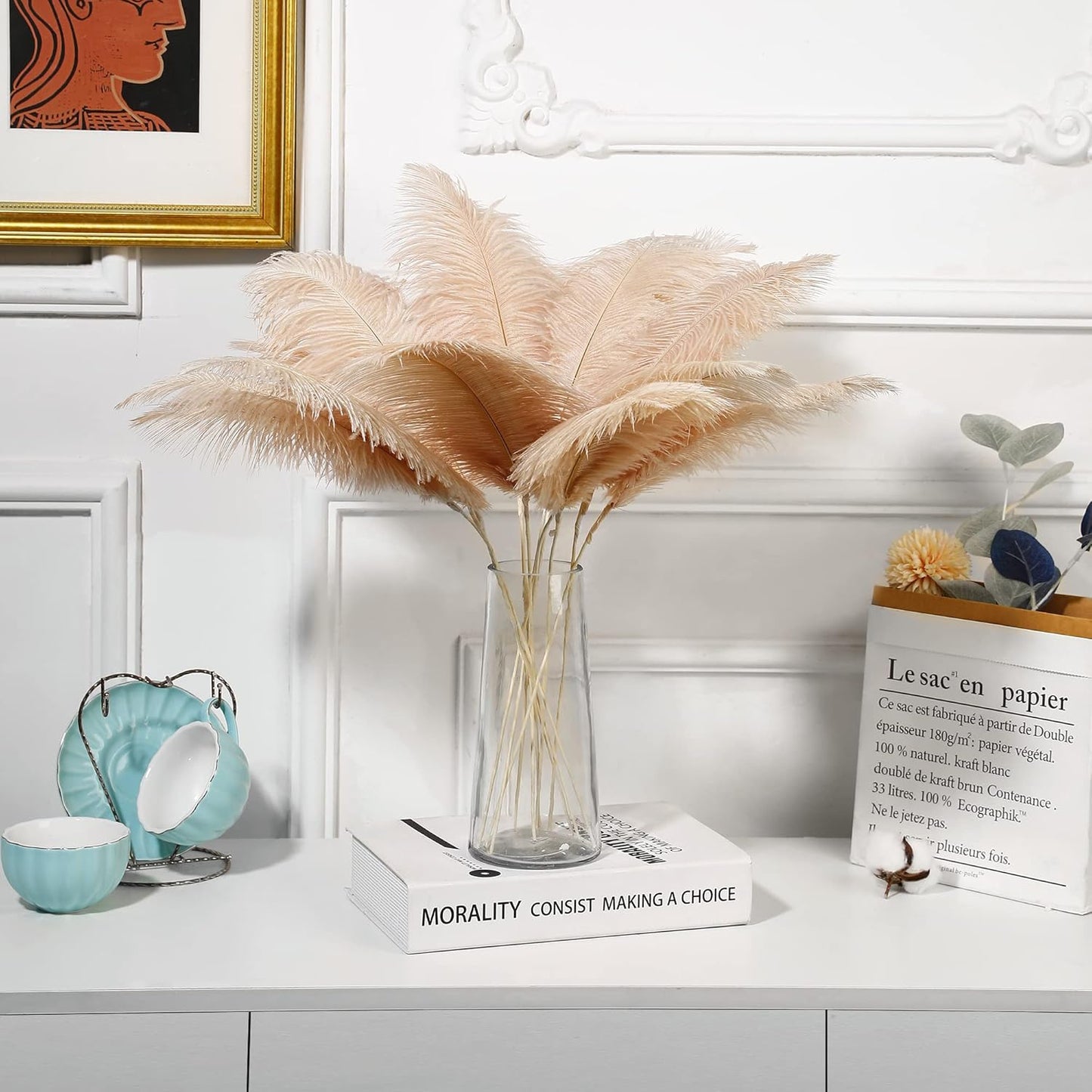 Holmgren Champagne Large Ostrich Feathers - 20pcs Making Kit 22 Inch Boho Feather Decor for Vase, Floral Arrangement, Wedding Party Centerpieces Home Decorations(Champagne)