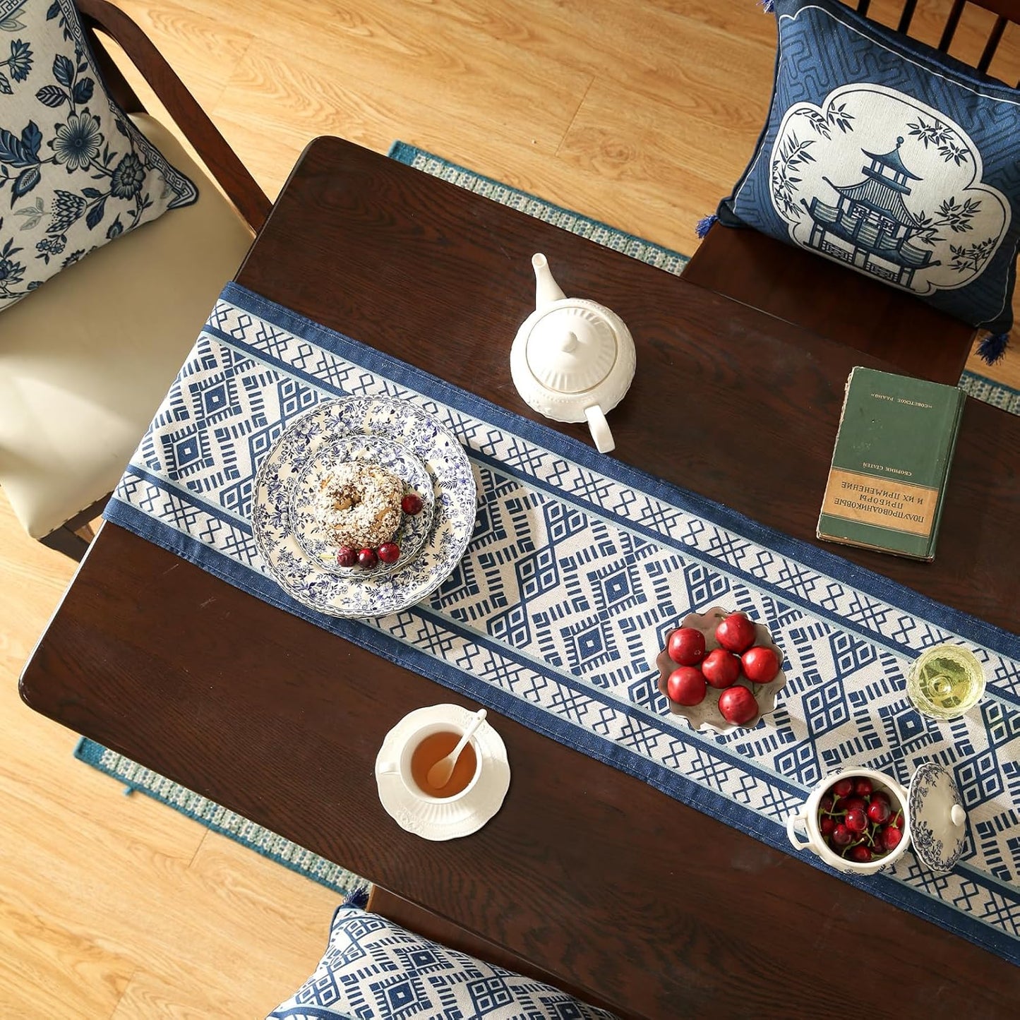 Chinoiserie Blue Stripe Cloth Runner for Table,Decorative Farmhouse Linen 87 Inches Long Table Runners,Decor Tabletop for Kitchen,Dining,Party,Home,Christmas,12"*87"