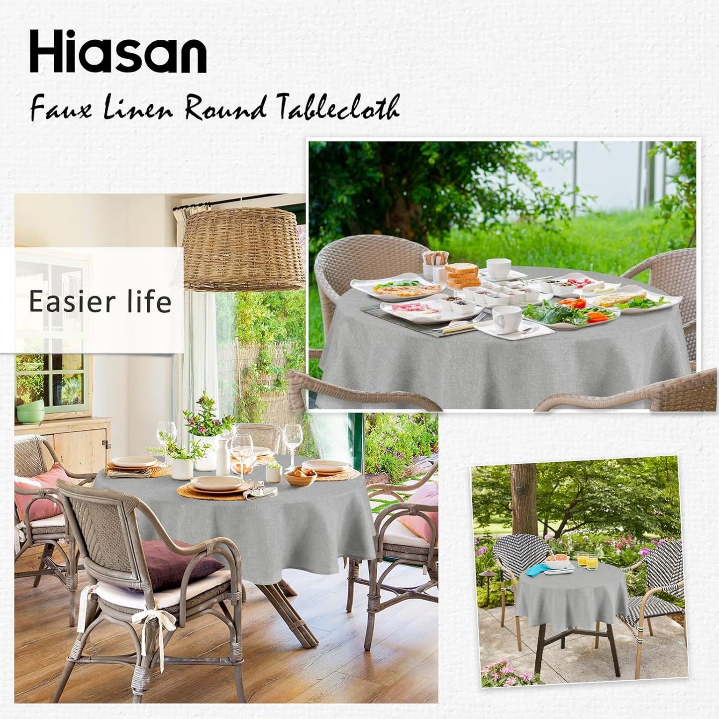Hiasan 90 Inch Round Tablecloth Linen - Wrinkle and Stain Resistant Washable Polyester Fabric Table Cloth for Patio Dining Room Kitchen Party, Light Grey