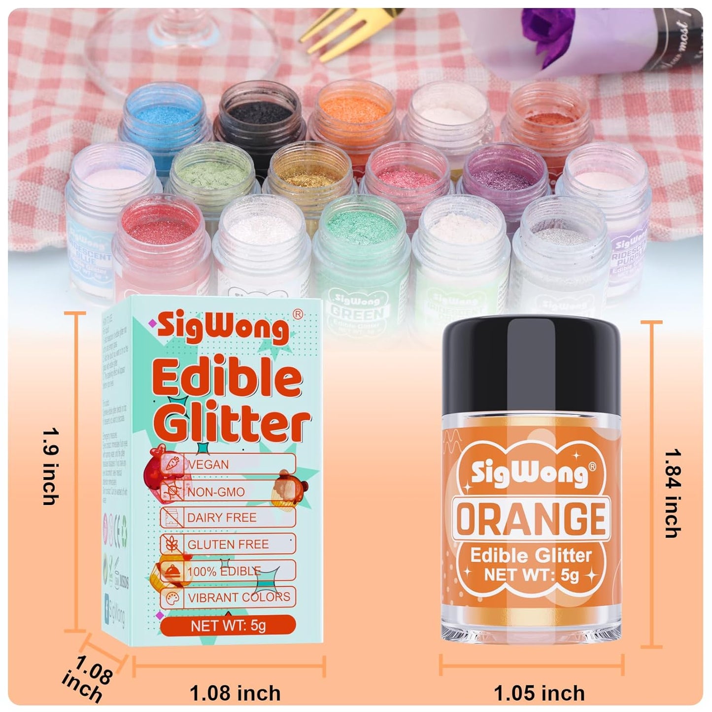 Orange Edible Glitter - 5g Food Grade Cake Decorating Shimmering Glitter, Edible Sprinkle Luster Dust for Drinks, Chocolates, Fondant, Strawberries, Cupcakes, Candy, Cookie - Vegan