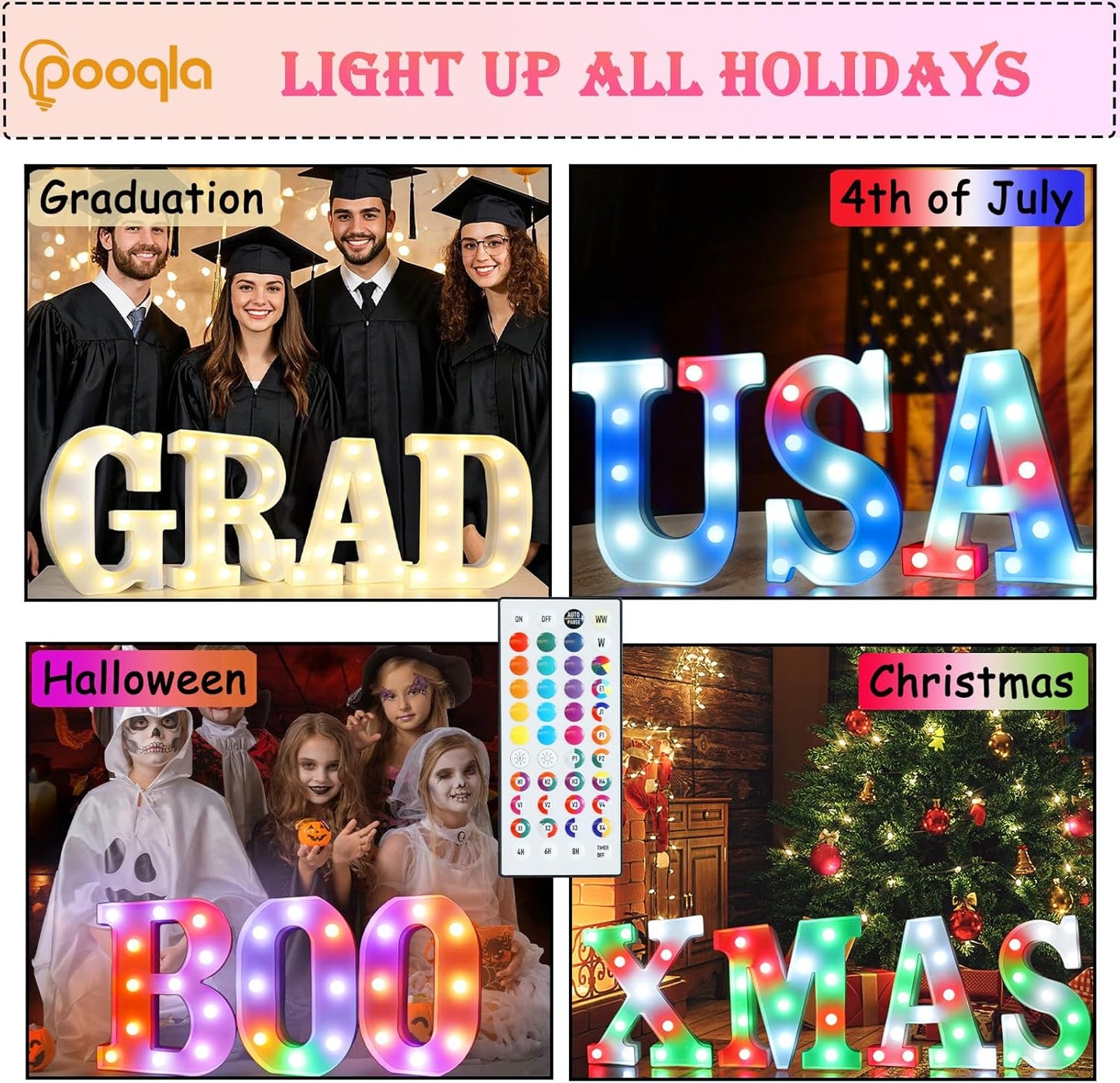 Pooqla Colorful Light Up Letters with Remote, Upgraded 35 Colors LED Marquee Letters, RGB Lighted Letter for Girls Teenager Gift, Birthday, Party, Wedding, Night Light, Room, Bedroom Decor, Letter E