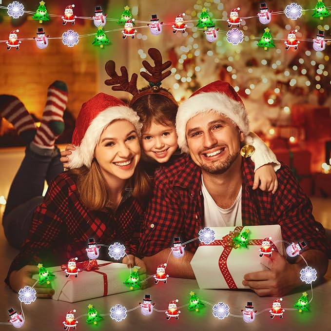 15FT 40 LED Christmas String Lights Battery Operated Snowflake Christmas Tree Santa Snowman Fairy Lights, Xmas Christmas Lights Indoor for Christmas Tree Decorations Home Table Holiday Decor Gifts