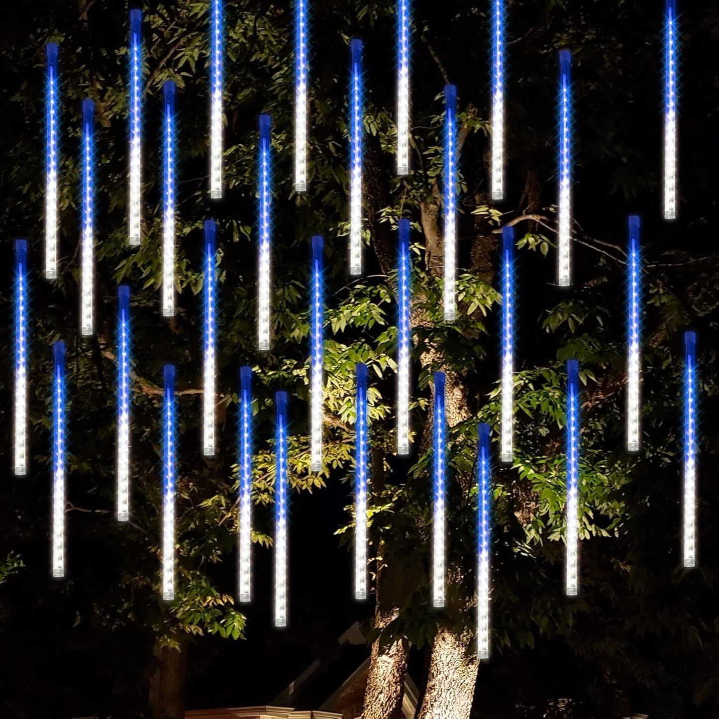 Dazzle Bright 288 LED Christmas Light, 11.8 Inch Meteor Shower Rain Lights with 8 Tubes,Waterproof Plug in Falling Rain Lights Christmas Decorations for Xmas Bushes Tree Yard Party, Blue and White