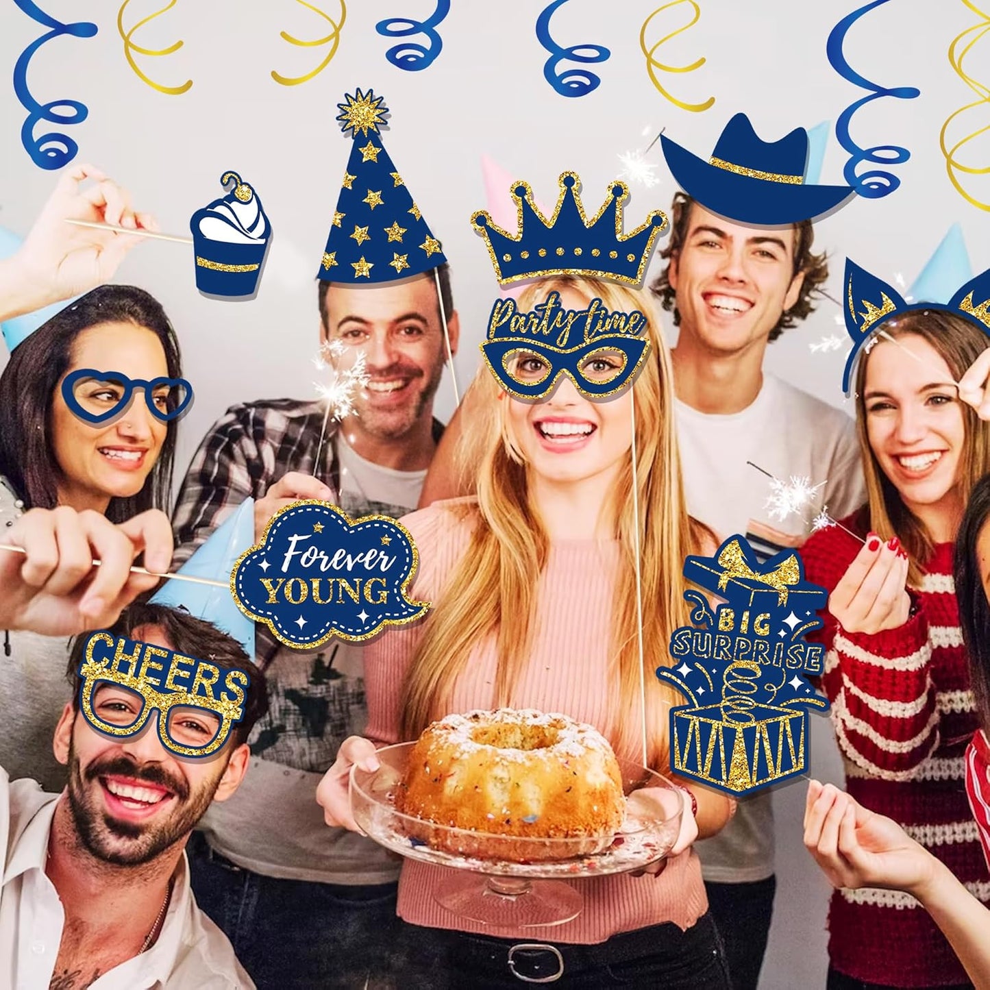 36 PCS Photo Booth Props Party Supplies Holiday Picture Decorations Blue Paper Photo Props for Birthday Party Favors Pose Sign Kit Fun