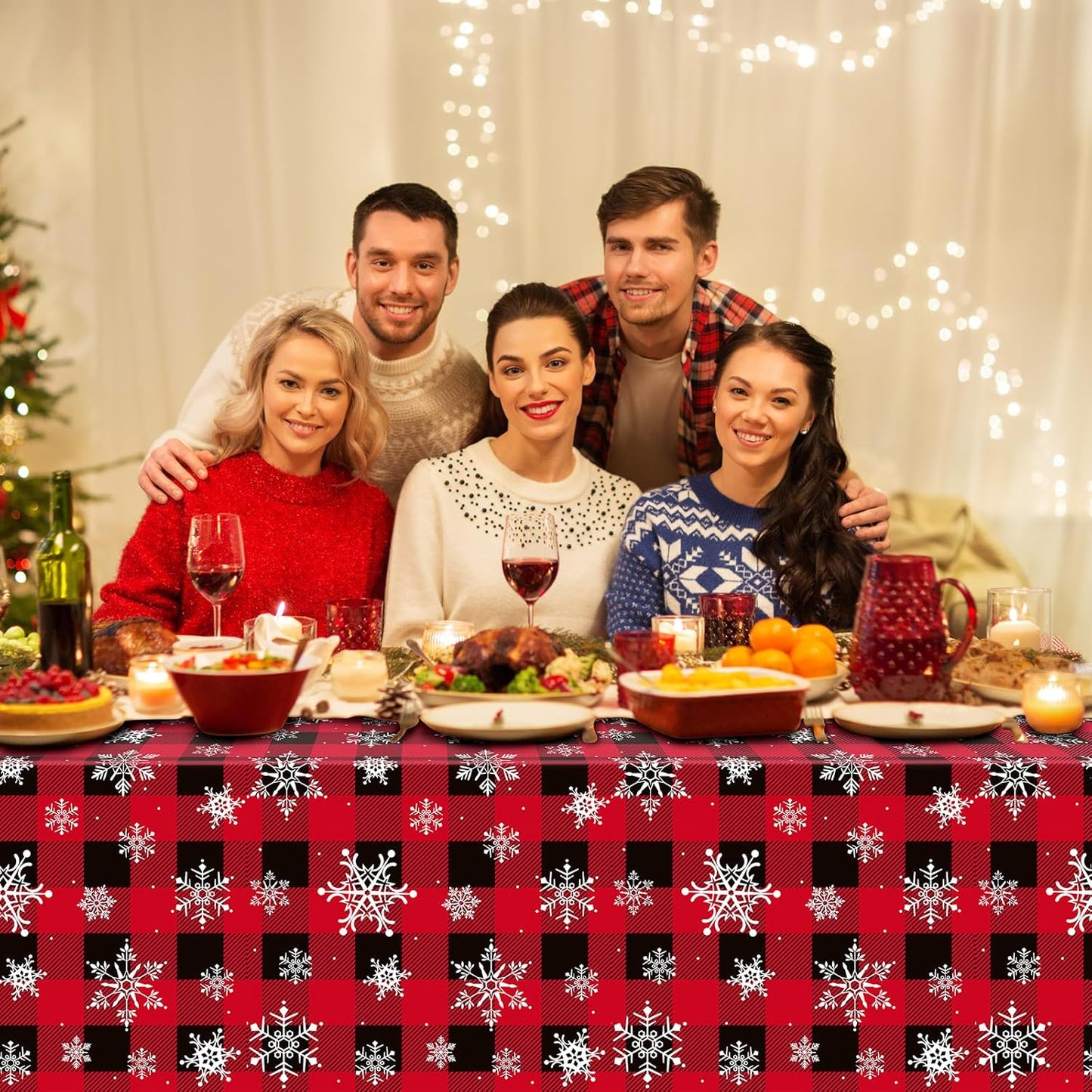12 Pieces Red and Black Buffalo Plaid Merry Christmas Party Tablecloth Decorations,Plastic White Snowflake Buffalo Plaid Sign Table Cover for Winter Christmas Holiday Party Supplies,54x108 inch