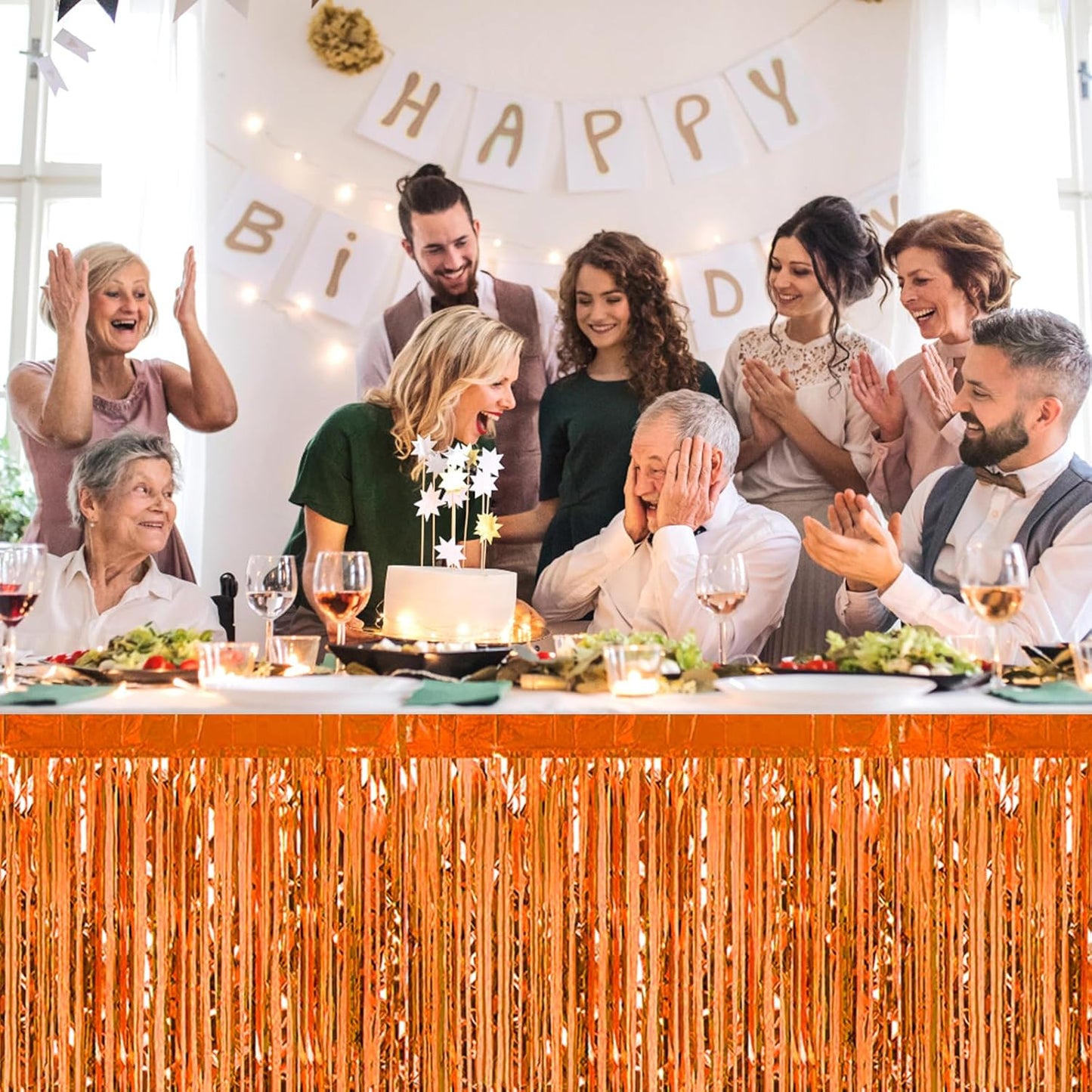 3 Pack 29 x108 Inch Orange Foil Fringe Table Skirts Metallic Banner for Tinsel Streamer Garland Backdrop for Parade Floats Wedding Thanksgiving Birthday Christmas Halloween New Year Party Decoration