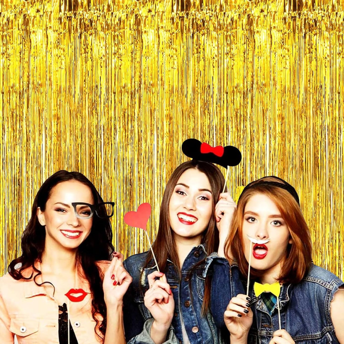 4P Metallic Foil Fringe Tinsel Table Skirts for Rectangle Tables Backdrop Banner Tinsel Streamer Garland Curtains for Parade Floats Wedding Graduation Anniversary Birthday Parties Decoration (Gold)