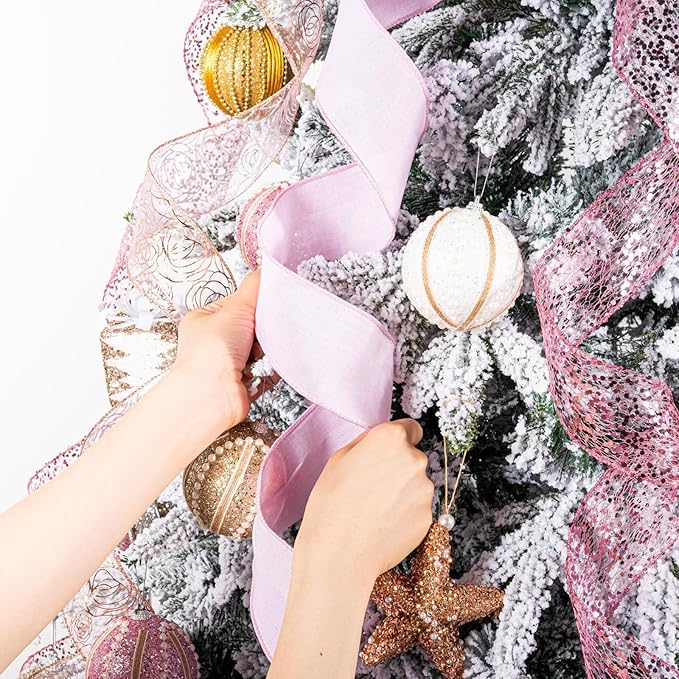 Pink Glitter Christmas Tree Topper Bow 11 Inch with 6 Ribbon Tails 3 Yards Long Wired Ribbon for Holiday Easy Style Party Decoration