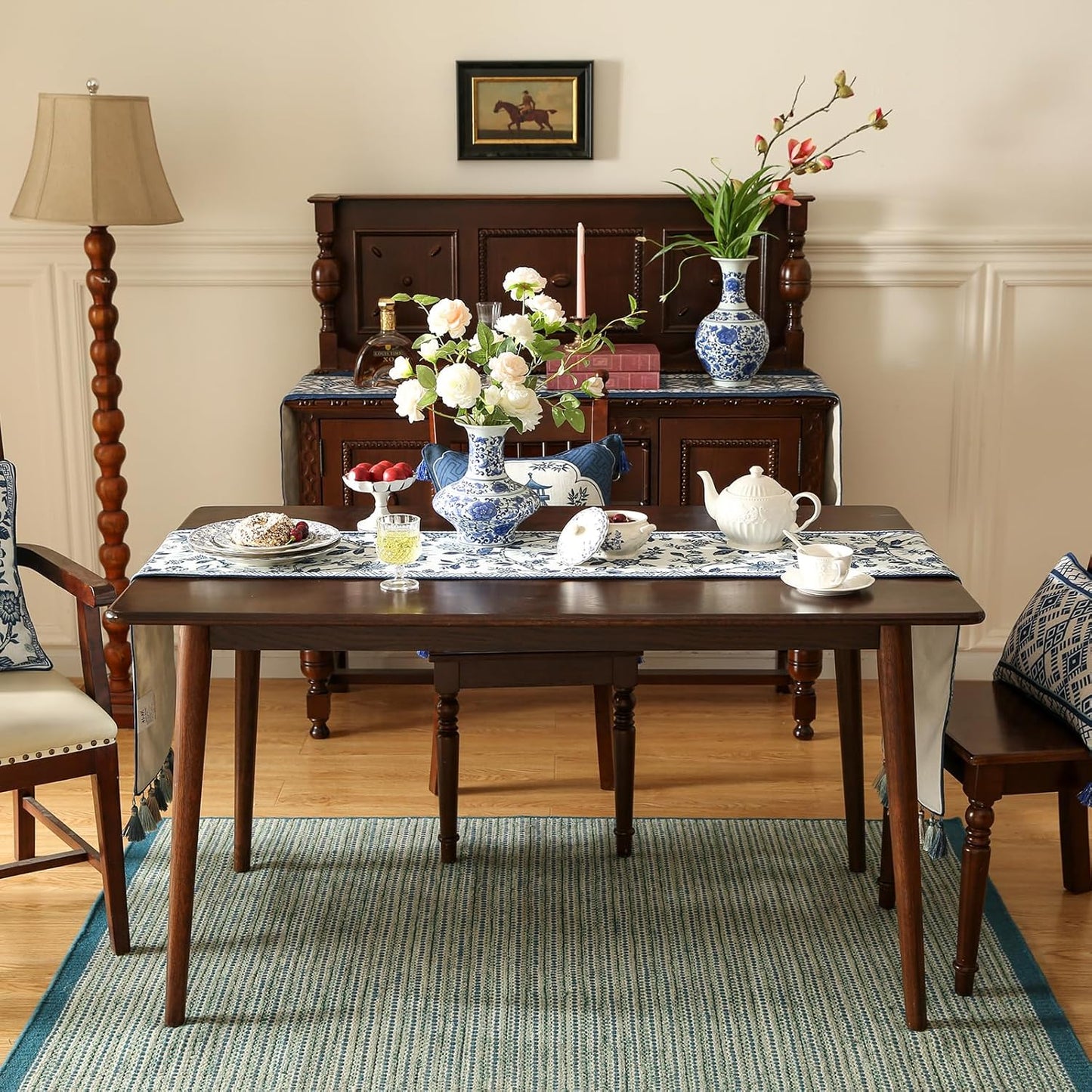 Decorative Linen Table Runner 87 Inches Long,Chinoiserie Blue Floral Cloth Runner for Coffee Table Decor Tabletop Table Runners for Kitchen,Dining,Party,Home,Christmas,12"*87"