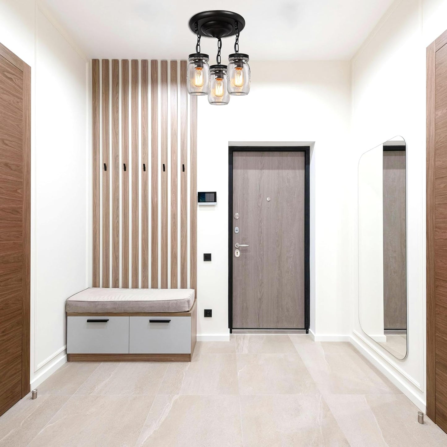 Glass Mason Jar Light Fixtures, 3-Lights Pendant Ceiling Lights Flush Mount - Black Country Farmhouse Lights for Kitchen Dining Room Foyer Stairway Hallway Entryway Porch