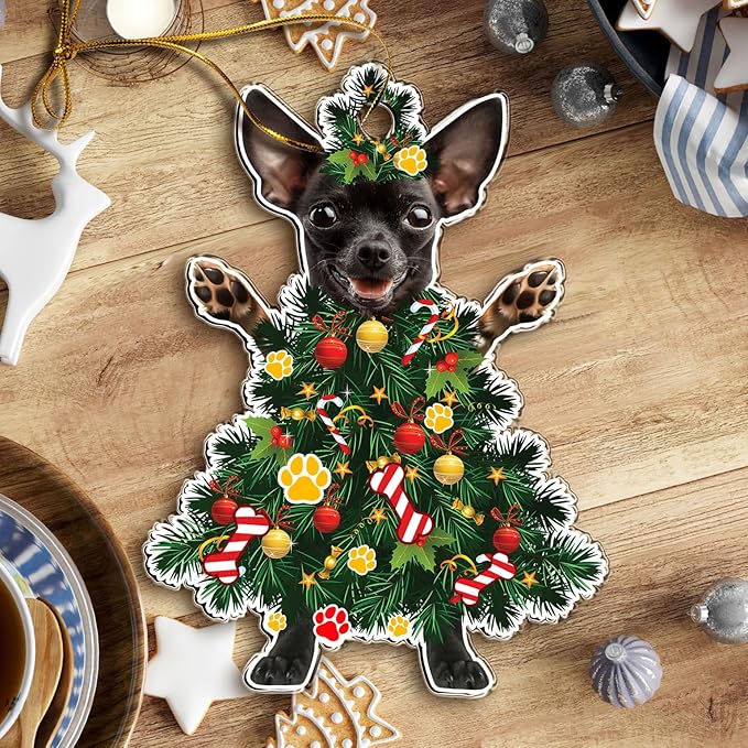Black Chihuahua Christmas Tree Ornament - Festive Holiday Acrylic Hanging Decoration - Black Chihuahua Christmas Tree Topper Ornament