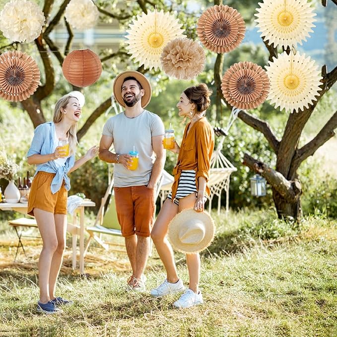 SUNBEAUTY 10 Pcs Brown Party Decorations Rustic Paper Natural Birthday Party Decorations Hanging Lanterns Tissue Paper Pom Poms Cream Folding Fans Kit for Girl Women