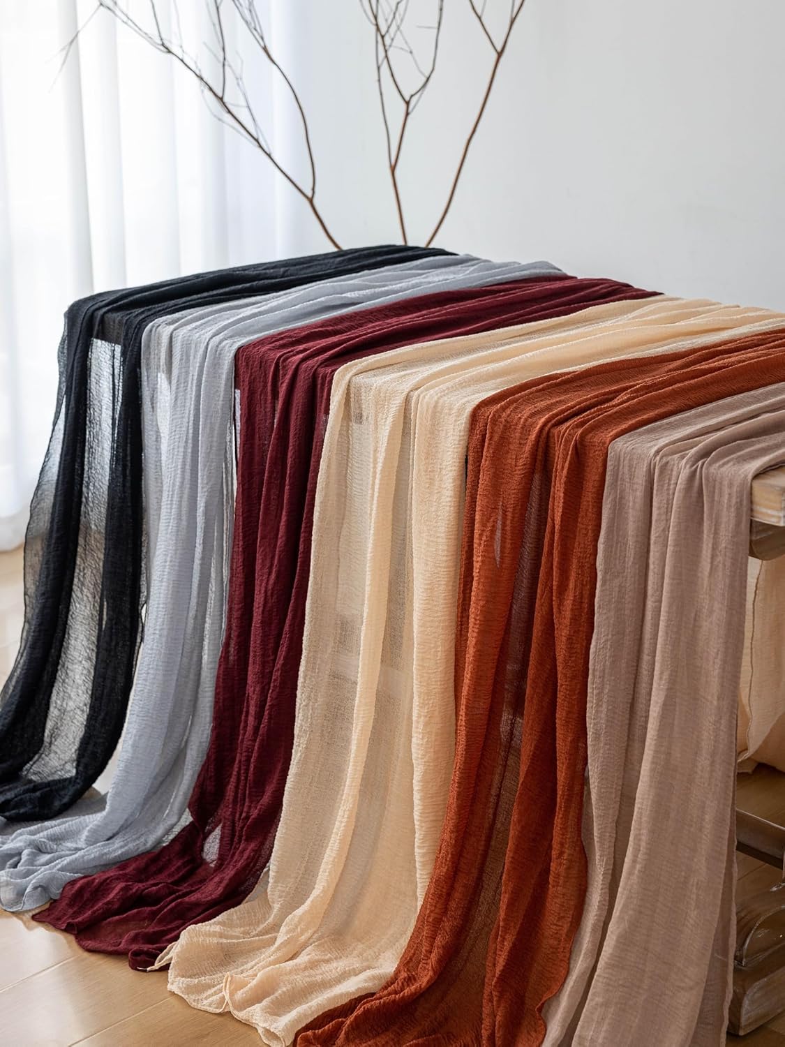 6pcs Deep Beige Cheesecloth Table Runner Rustic Boho Gauze 120 Inch 10 FT Cheese Cloth for Wedding Baby Shower Bridal Shower Birthday Party Long Sheer Home Decorations