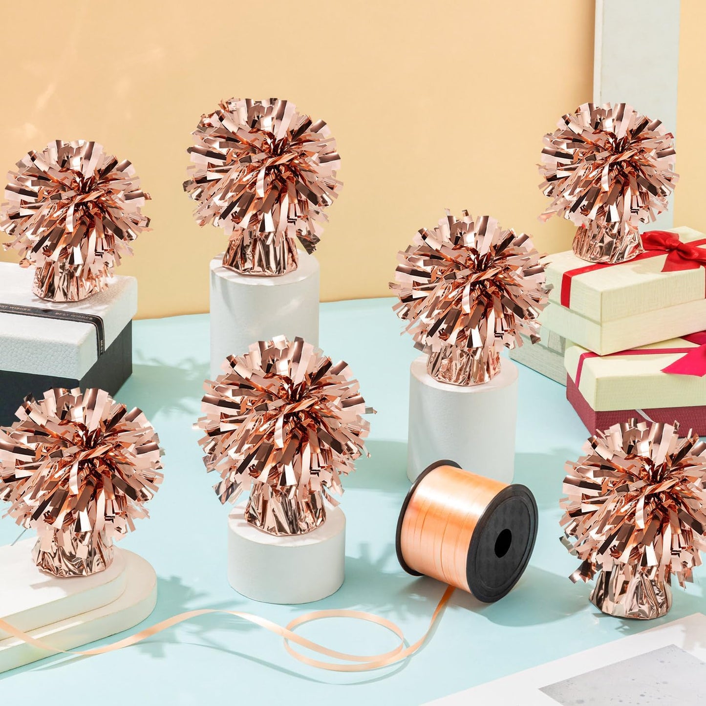 24 PCS Balloon Weights Metallic Anchor, Balloon Holder Heavy Weights with 1 Roll Rose Gold Crimped Ribbon for Balloons Table Party Favor Birthday Decor(Rose Gold)