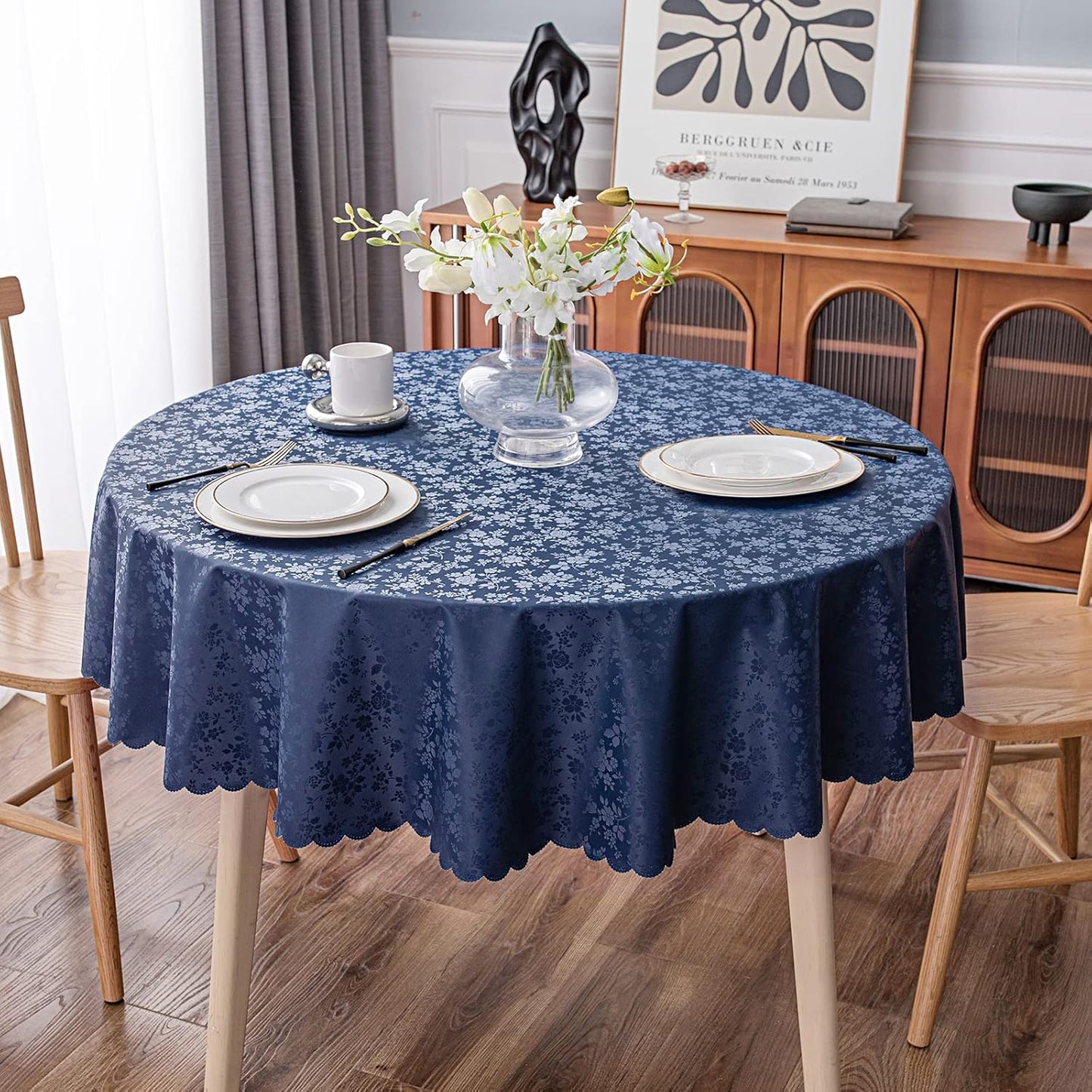 Smiry Round Table Cloth, Waterproof Heavy Duty Vinyl Tablecloths, Wipeable Washable Table Cover for Kitchen and Dining Room (Navy Blue, 70" Round)
