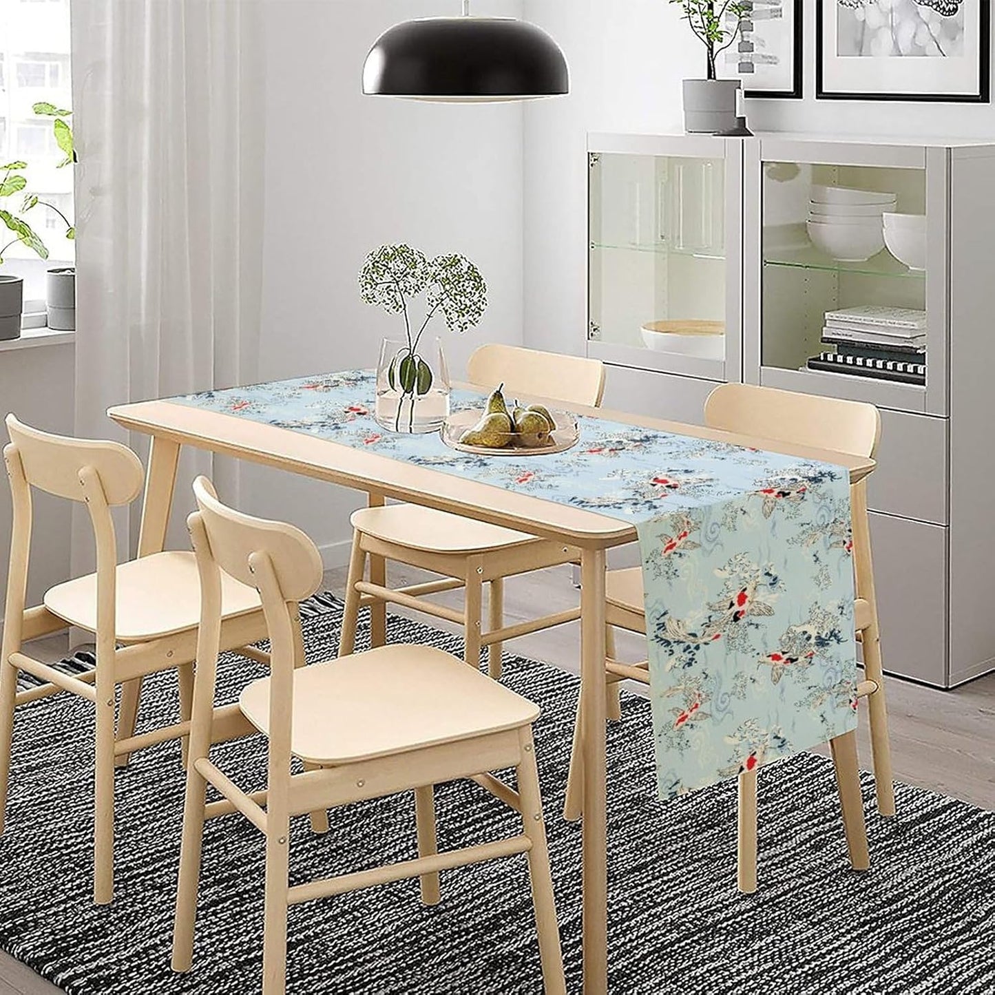 Kio Fish Table Runner Waves Retro Japanese Tradition Art Printed Burlap Runner Home Kitchen Dining Table Living Room Decor Fabric 1 Panel W13xL90in