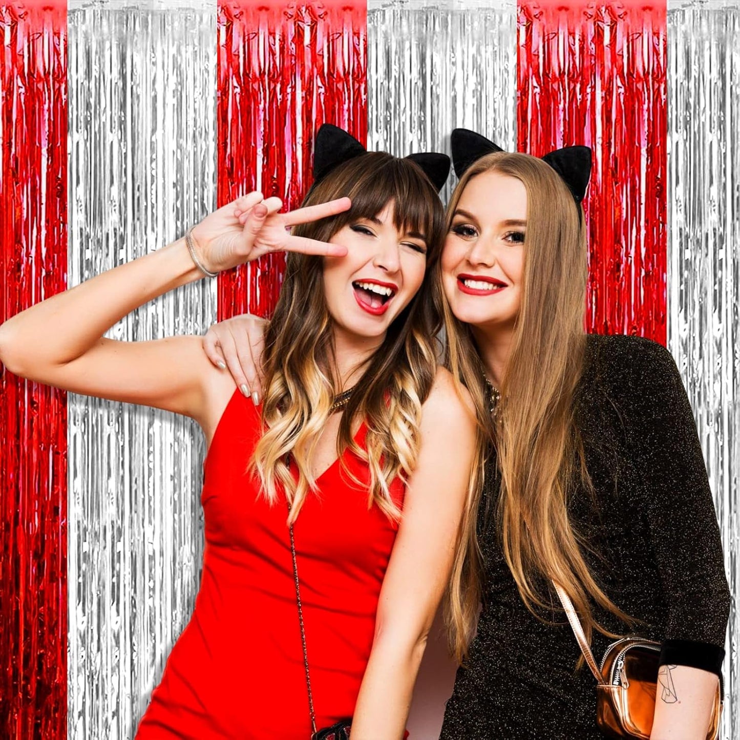 4 Pack Foil Fringe Curtain Backdrop, 3.28Ft x 8.2Ft Metallic Tinsel Foil Fringe Streamers Curtains for Photo Booth, Wedding, Circus Welcome Carnival Birthday Party Decoration Silver Red