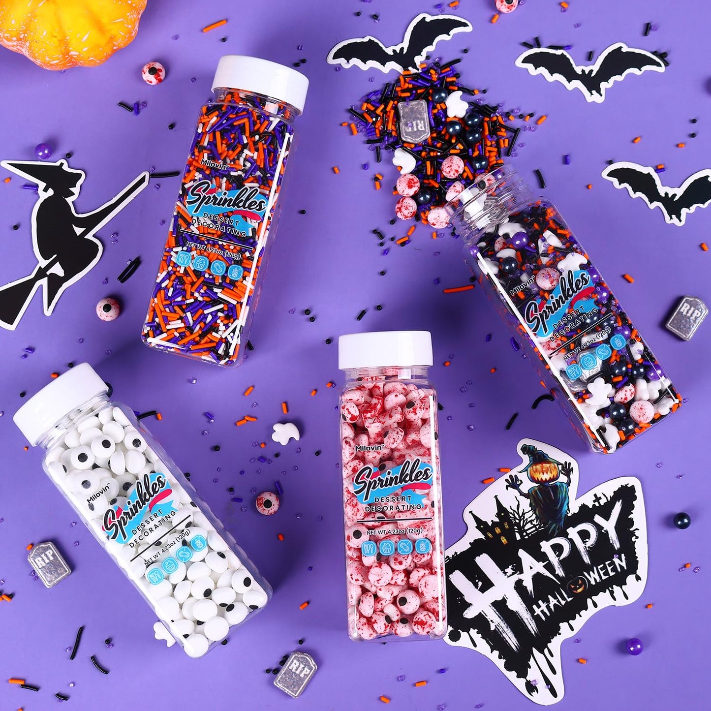 Edible Halloween Jimmies Sprinkles, Halloween Sprinkles, White, Purple, Orange, and Black sprinkles, Jimmy for Decorating, Perfect for Cake, Cupcake, Macaron, Baking, Ice cream, and Cookies(120g/4.23 oz)
