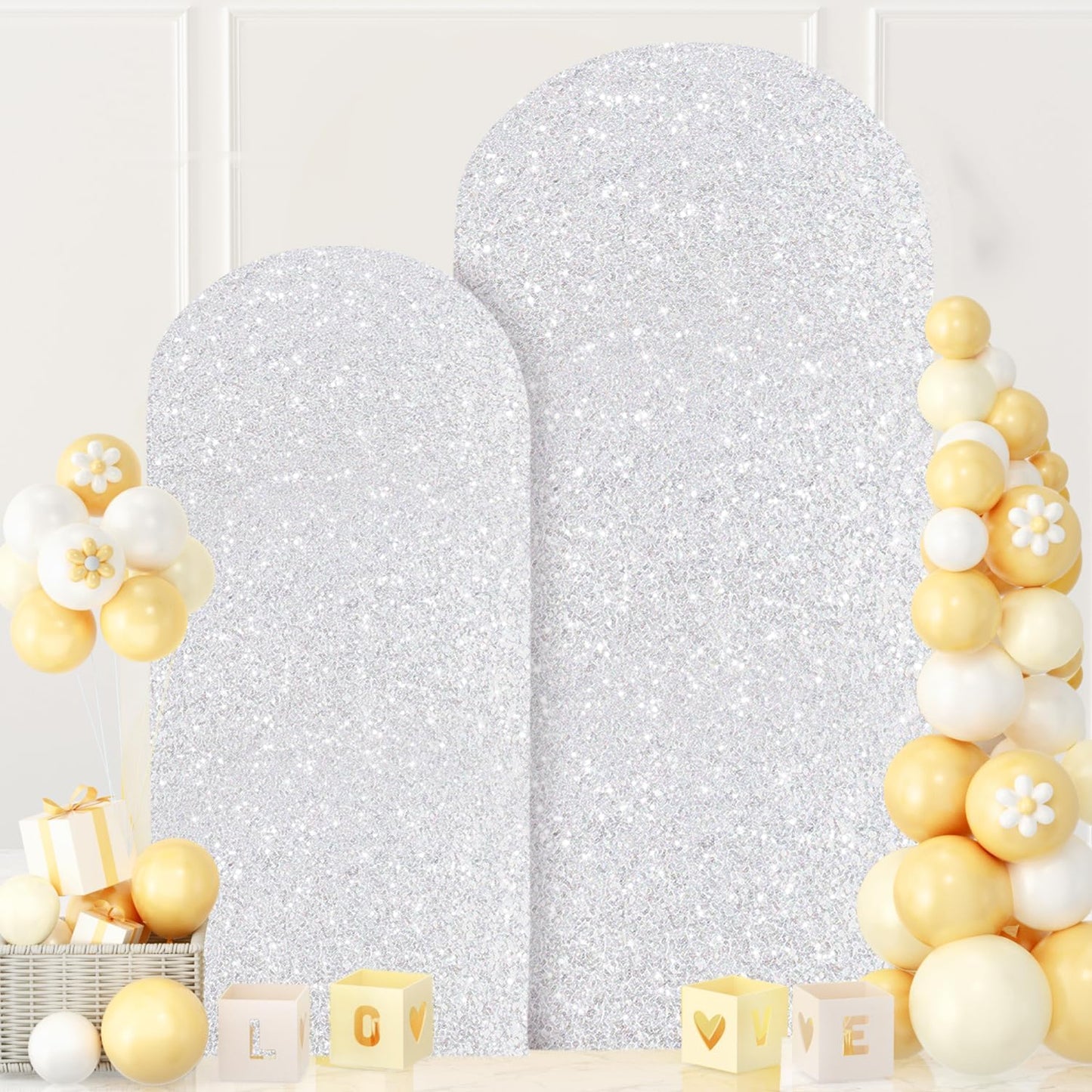 MODFUNS Metal Arch Backdrop Stand and Cover Set 6&7.2ft Silver Sequins Arch Cover Set of 2 Metal Arch Frame with Covers Balloon Arch Stands for Wedding Ceremony Banqet Party Reception