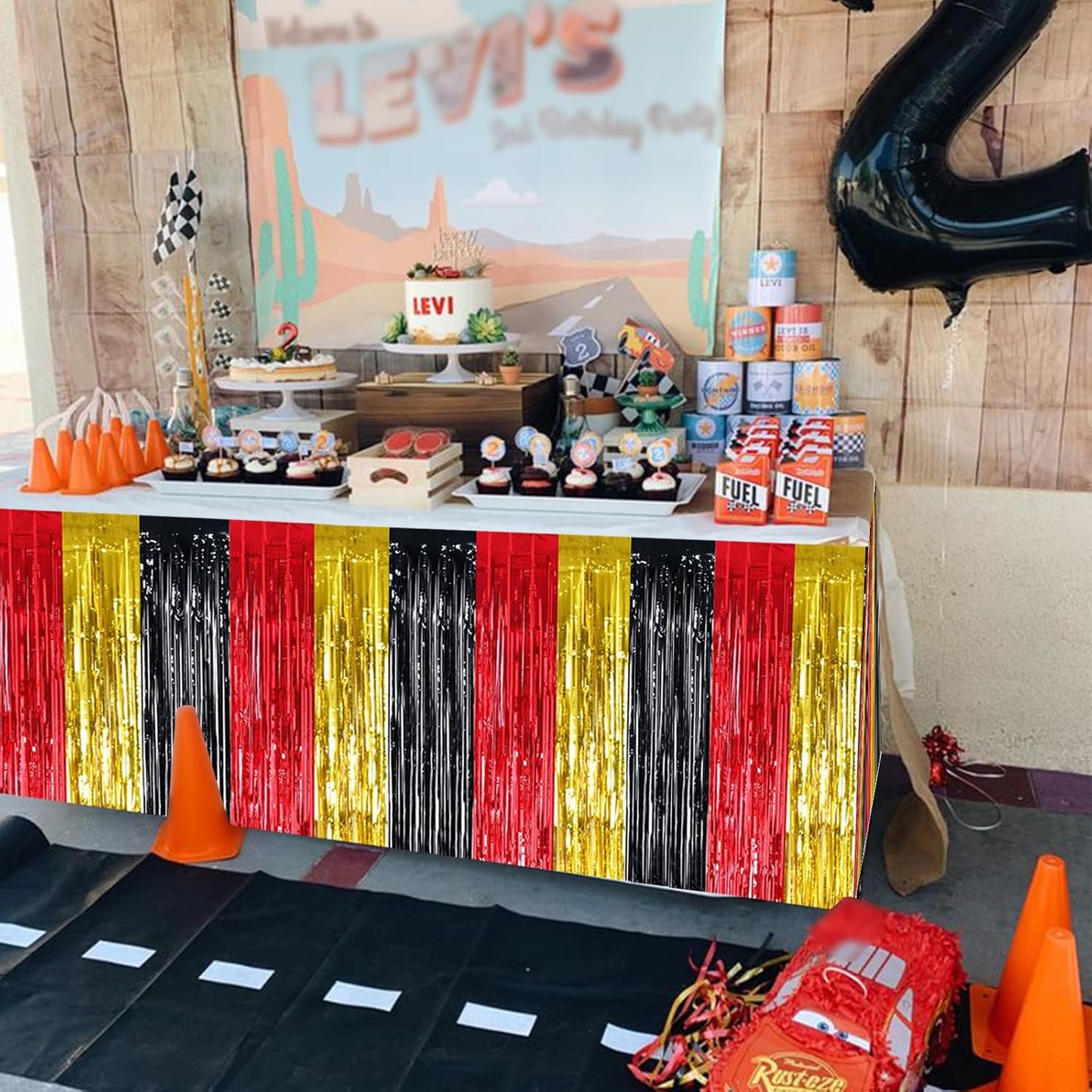 BEISHIDA 2 Pack Red Gold Black Table Skirts Party Decorations Metallic Tinsel Foil Fringe Decors for Rectangle and Round Table Graduation Casino New Year Mouse Theme Birthday Party Decorations