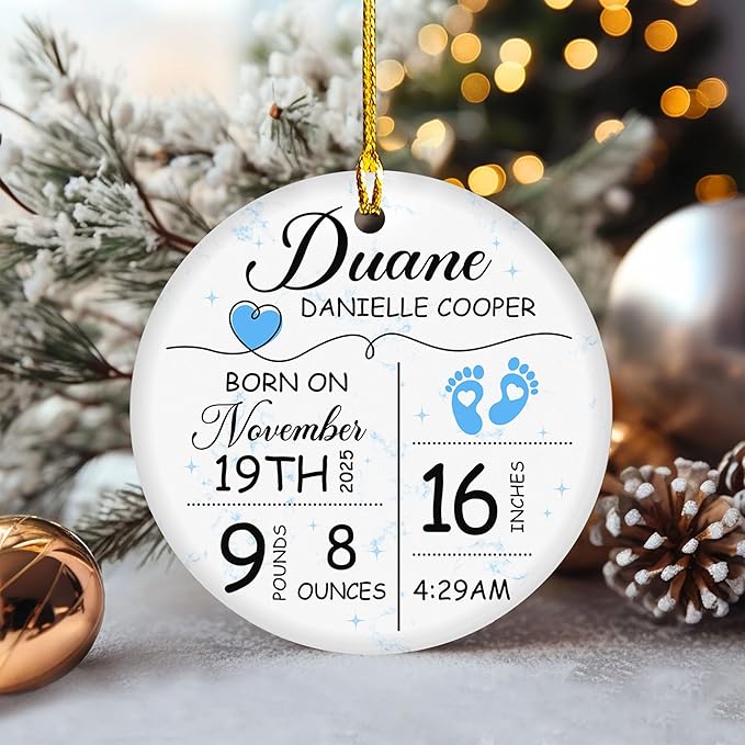 Personalized Baby's Birth Stats Ornament - Baby's First Christmas Ornaments - Custom Photo Ceramic Ornament - Baby Announcement Ceramic Hanging Decor - Xmas Home Decorations