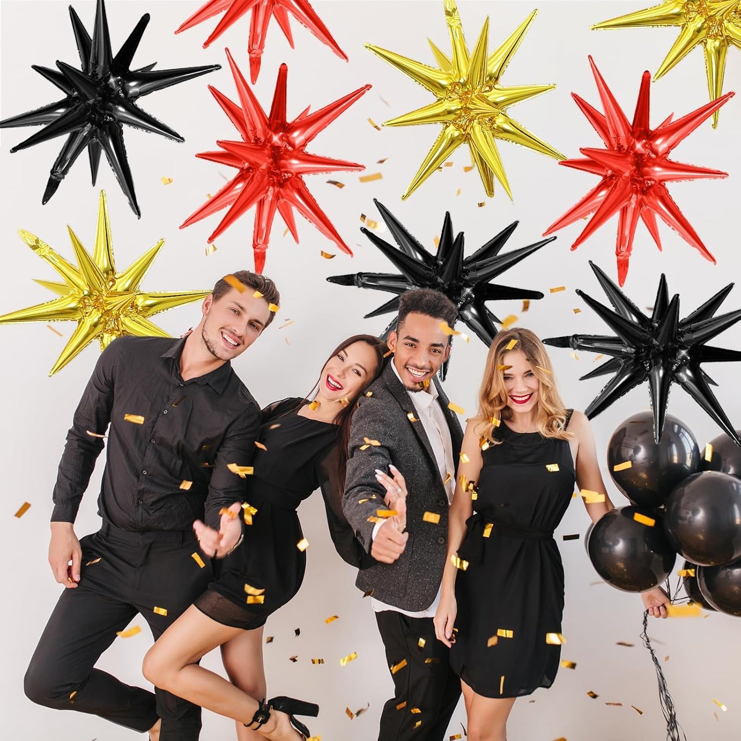 Black Red Gold Star Balloons,9Pcs 22Inch Black Gold Red Explosion Spike Cone Helium Polyester Film Star Foil Balloons for Birthday Anniversary Baby Shower New Year Disco Party Decorations