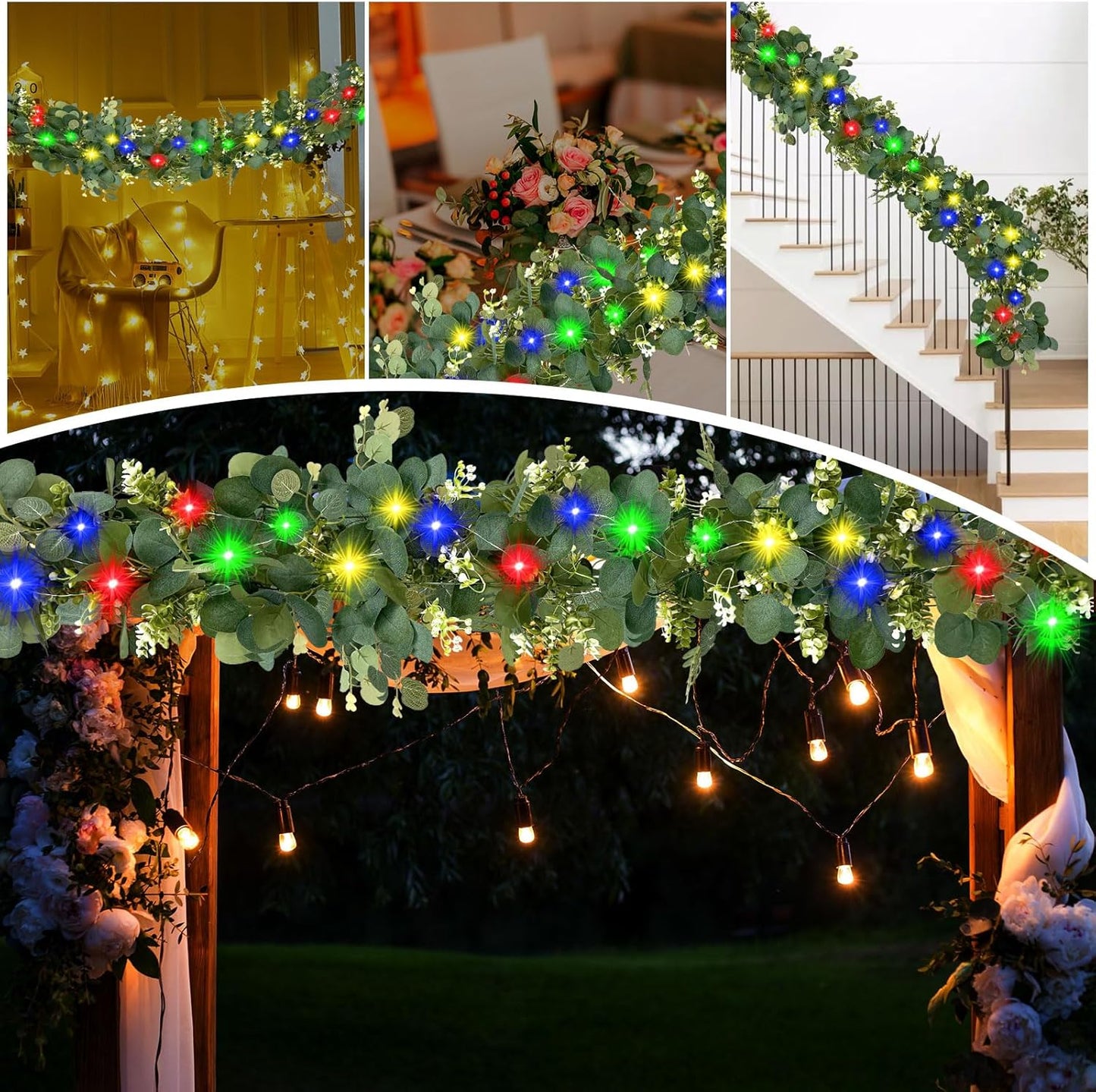 Eucalyptus Garland with Lights, 2Pcs 6FT Green Flower Garland Decor, Artificial Faux Eucalyptus Leaves Greenery Vines for Table Runner Wedding Bedroom Mantle Arches Backdrops Decorations