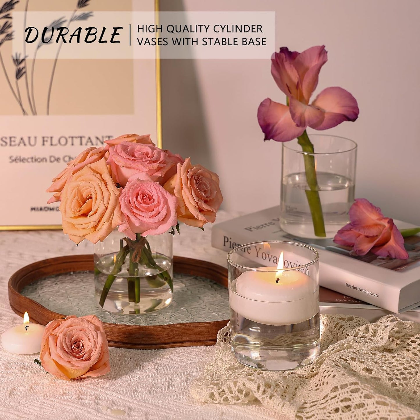 Glass Cylinder Vase Set of 6 for Centerpieces, 5 Inch Short Clear Flower Vases Bulk, Glass Hurricane Candle Holder for Table, Floating Candle Vases for Wedding Home Décor