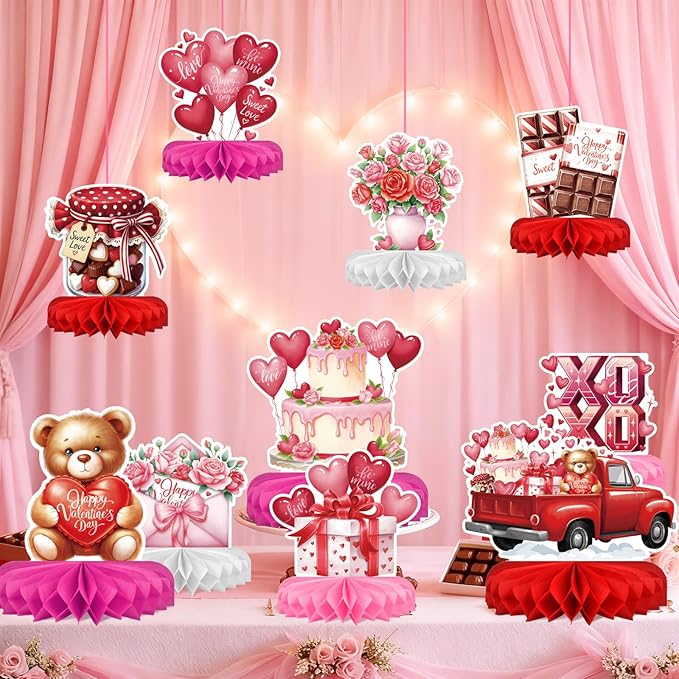 Valentines Day Decorations Set - Heartwarming Valentine's Day Honeycomb Centerpieces & Heart Table Toppers for Classroom Decor, Anniversary & Valentine's Day Party Supplies
