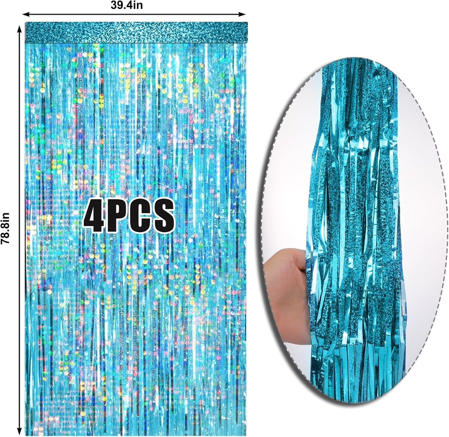 4 Packs Blue Foil Fringe Curtain, Light Blue Glitter Metallic Tinsel Backdrop for Birthday, Wedding, Baby Shower, Bachelorette, Ocean, Princess Party Decorations Supplies