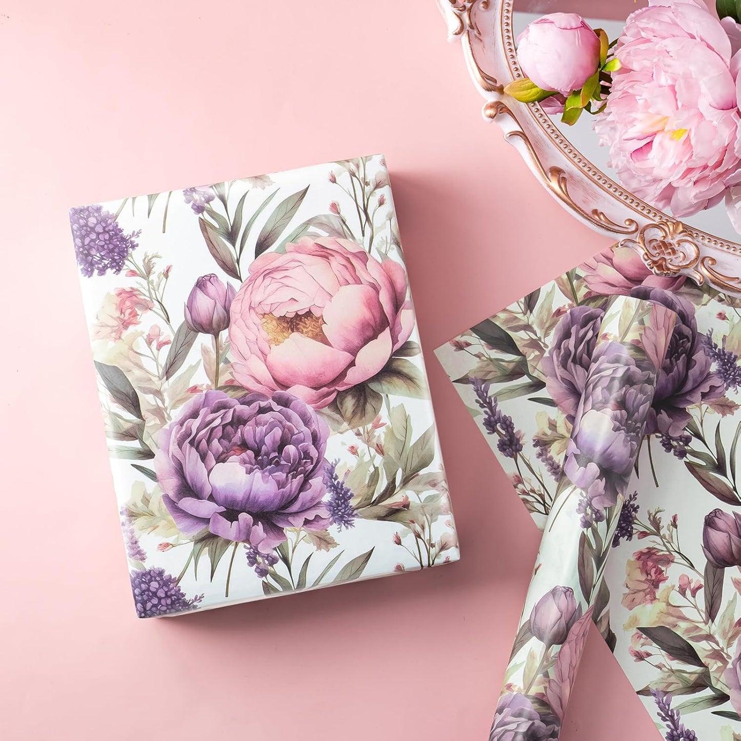 WRAPAHOLIC Floral Wrapping Paper Roll - Mini Roll - 17 Inch x 9.8 Feet - Purple Flower Wrapping Paper, Perfect for Girls Women Birthday, Wedding, Bridal Shower