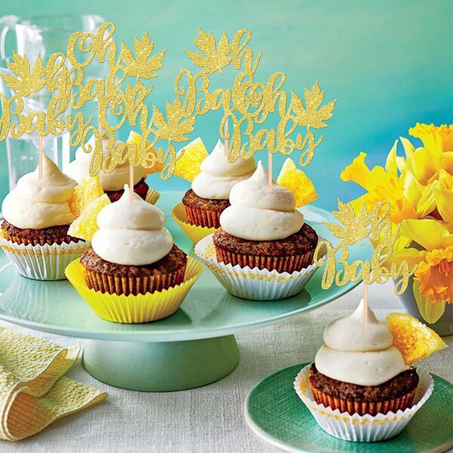 24 PCS Maple Leaf Oh Baby Cupcake Toppers Glitter Fall Baby Shower Cupcake Picks for Thanksgiving Theme Baby Shower Kids Boys Girls Birthday Party Cake Decorations Supplies Gold