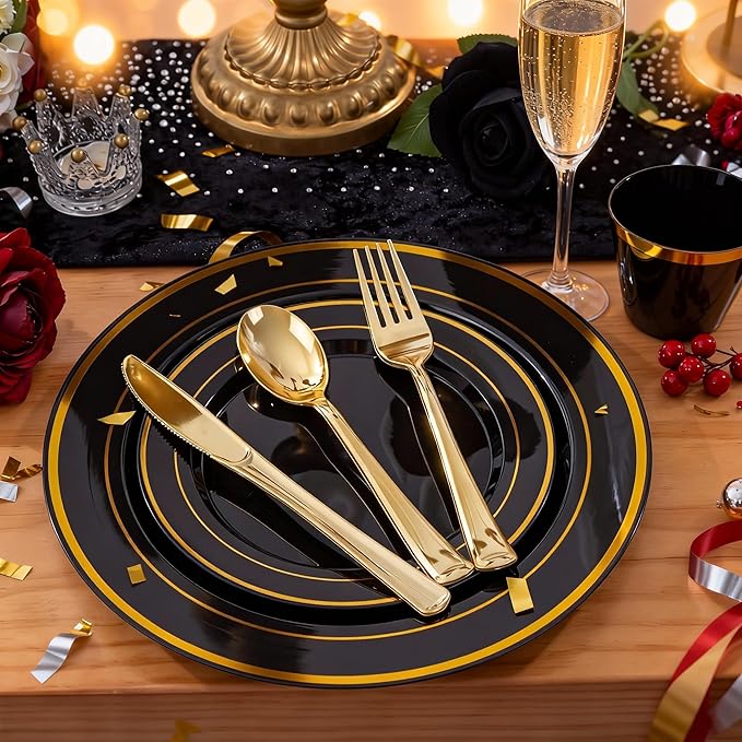 WELLIFE 350PCS Black and Gold Plastic Plates - Plastic Dinnerware Set for 50 Guests,Include 50 Dinner Plates, 50 Dessert Plates, 50 Black Cups 9 OZ, 50 Pre Rolled Napkins with Gold Silverware