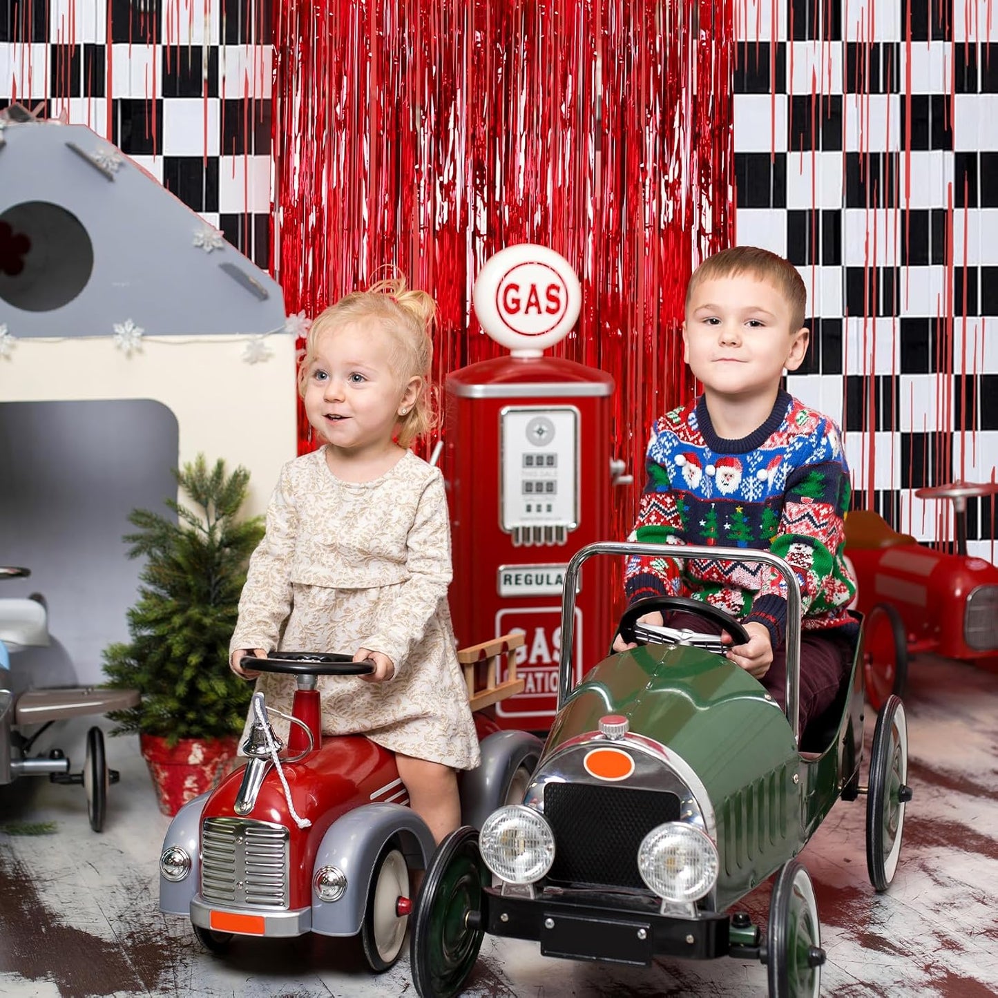 3 Pcs Racing Cars Foil Fringe Curtain Red Black White Checkered Photo Booth Props Tinsel Streamer Curtain Set for One Happy Dude Party Backdrop Decor
