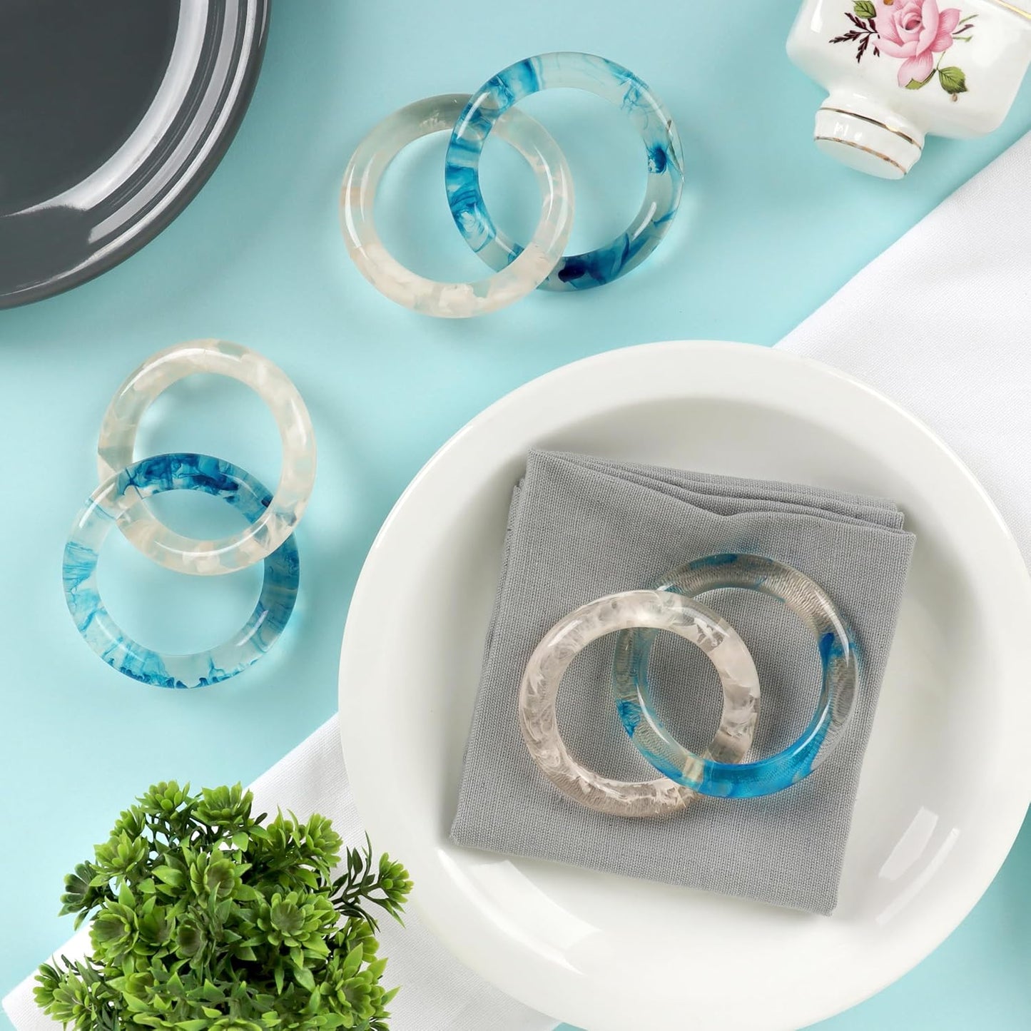 Set of 8 Epoxy Resin Napkin Ring - Interlocked Handmade Farmhouse Table Decor for Dining, Weddings, Holidays - Durable Elegant Napkin Holders for Special Occasion Blue Opaque - CLEENTABLE