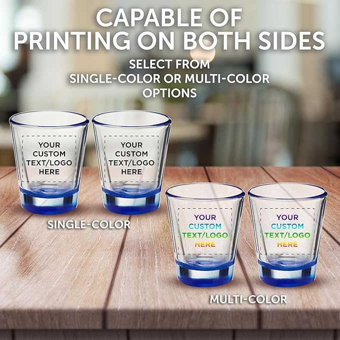 DISCOUNT PROMOS Custom Shot Glasses 1.75 oz. Set of 10/50/100, Personalized Bulk Pack - Great for Wedding Favors, Bachelorette Decorations, Party Favors - Blue Bottom Color