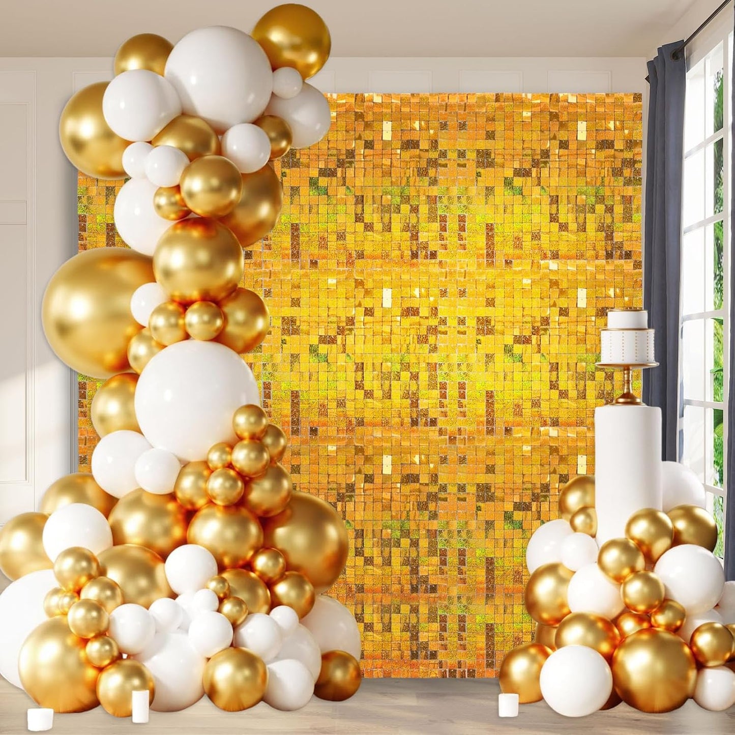 24PCS Gold Shimmer Wall Backdrop, Laser Square Sequin Photo Backdrops Panel, Glitter Wall Background for Birthdays, Weddings, Christmas, Engagements, Disco Bachelorette Party Decoration (4FTx6FT)