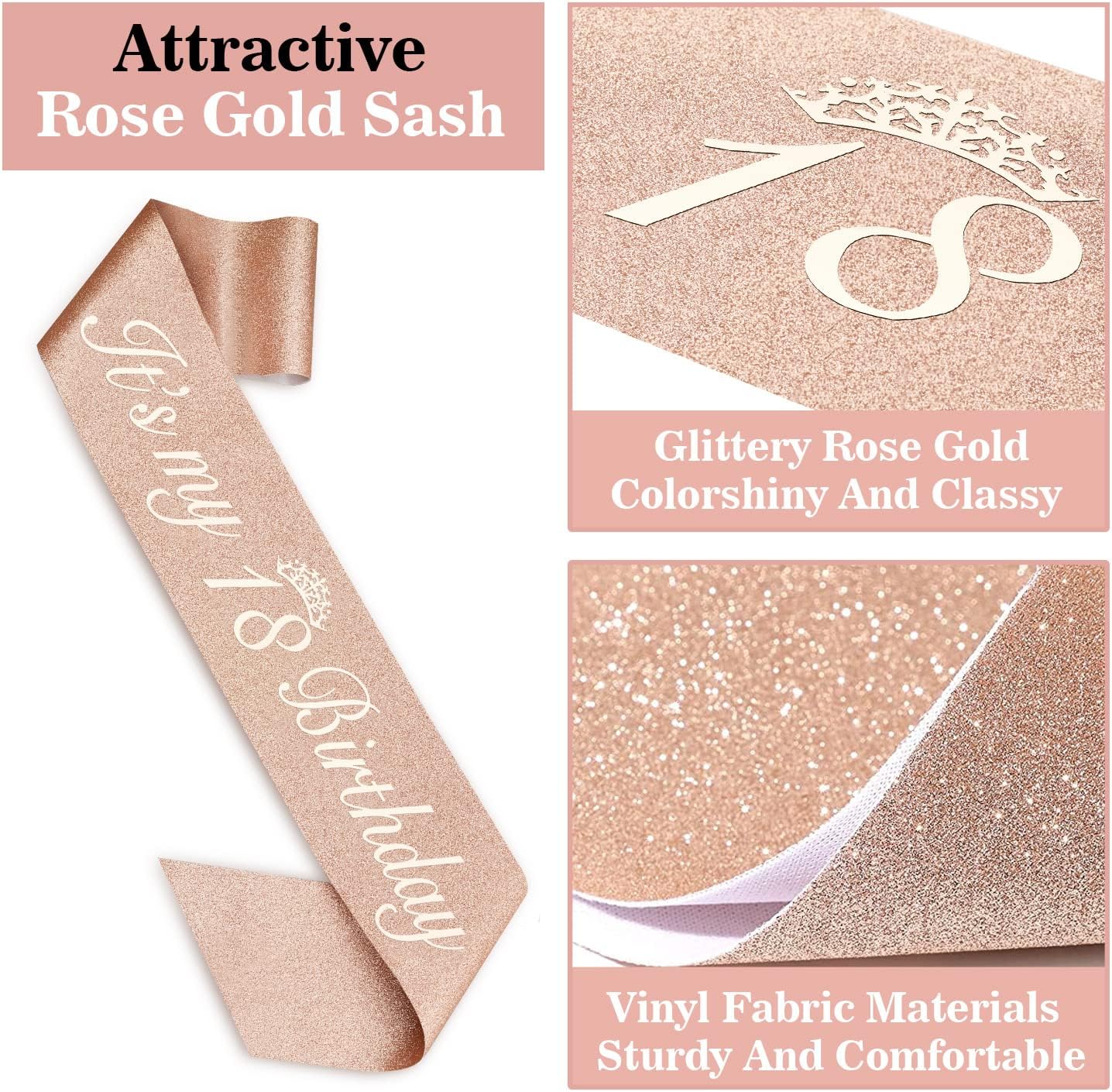 18th Birthday Decorations for Girls, Including Sash, Crown/Tiara, Candles, Cake Topper, 18th Birthday Gifts for Girls, Rose Gold Party Decor Supplies