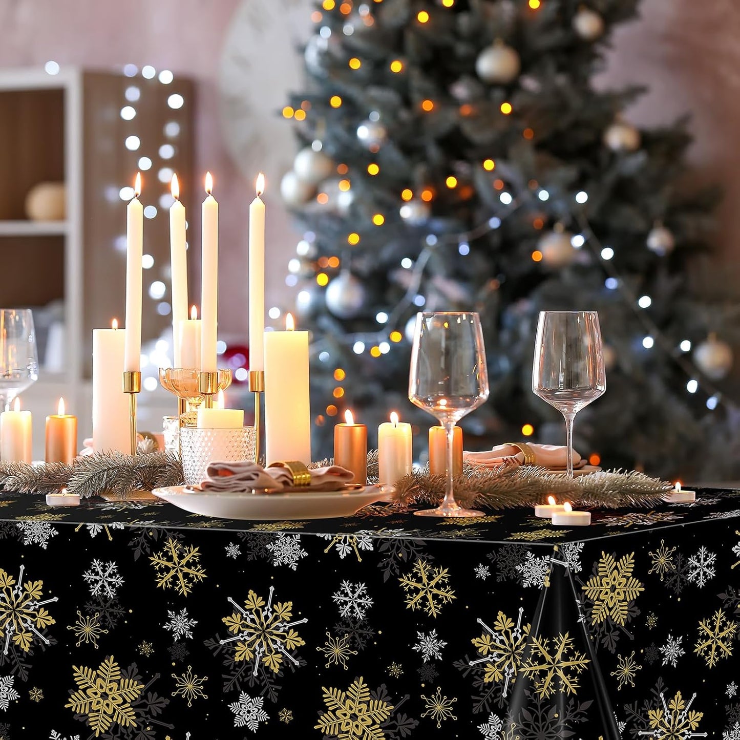 3Pcs Christmas Snowflake Party Tablecloths Decorations,Plastic Black and Gold Table Cloth,Winter Rectangle Table Cover for Christmas New Year Birthday Baby Shower Holiday Party Decorations,54x108 inch