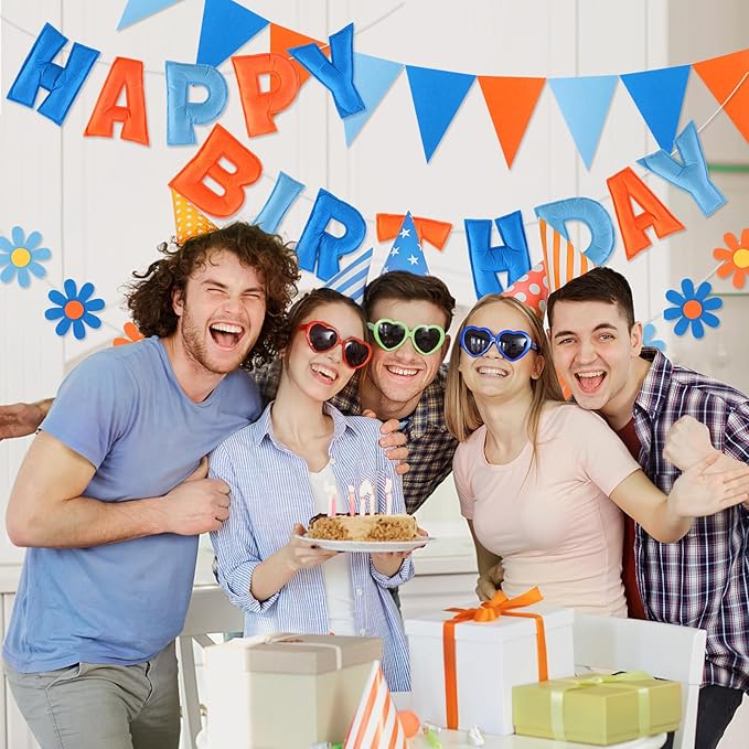 Felt Birthday Decorations, NO DIY, Pre-Strung 3D Felt Happy Birthday Banner with Fabric Flower Garland, Colorful Triangle Flags, Birthday Party Decorations for Women Men Boys Girls (BlueOrange)