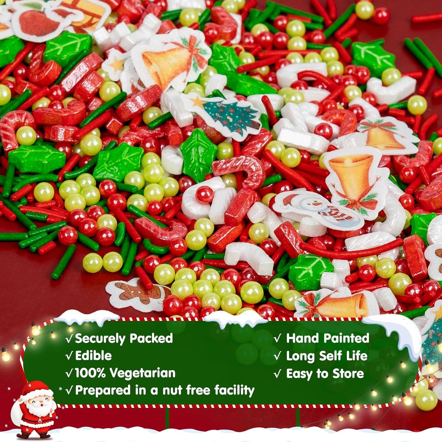 Edible Christmas Sprinkles for Cake Decorating,130g White Red Candy Cane,Red Green Pearls and Jimmies, Christmas Trees and Theme Glutinous Rice Paper,Sugar Holiday sprinkle for Cupcake Toppers, Cookie, Ice Cream Decorations Party Supplies