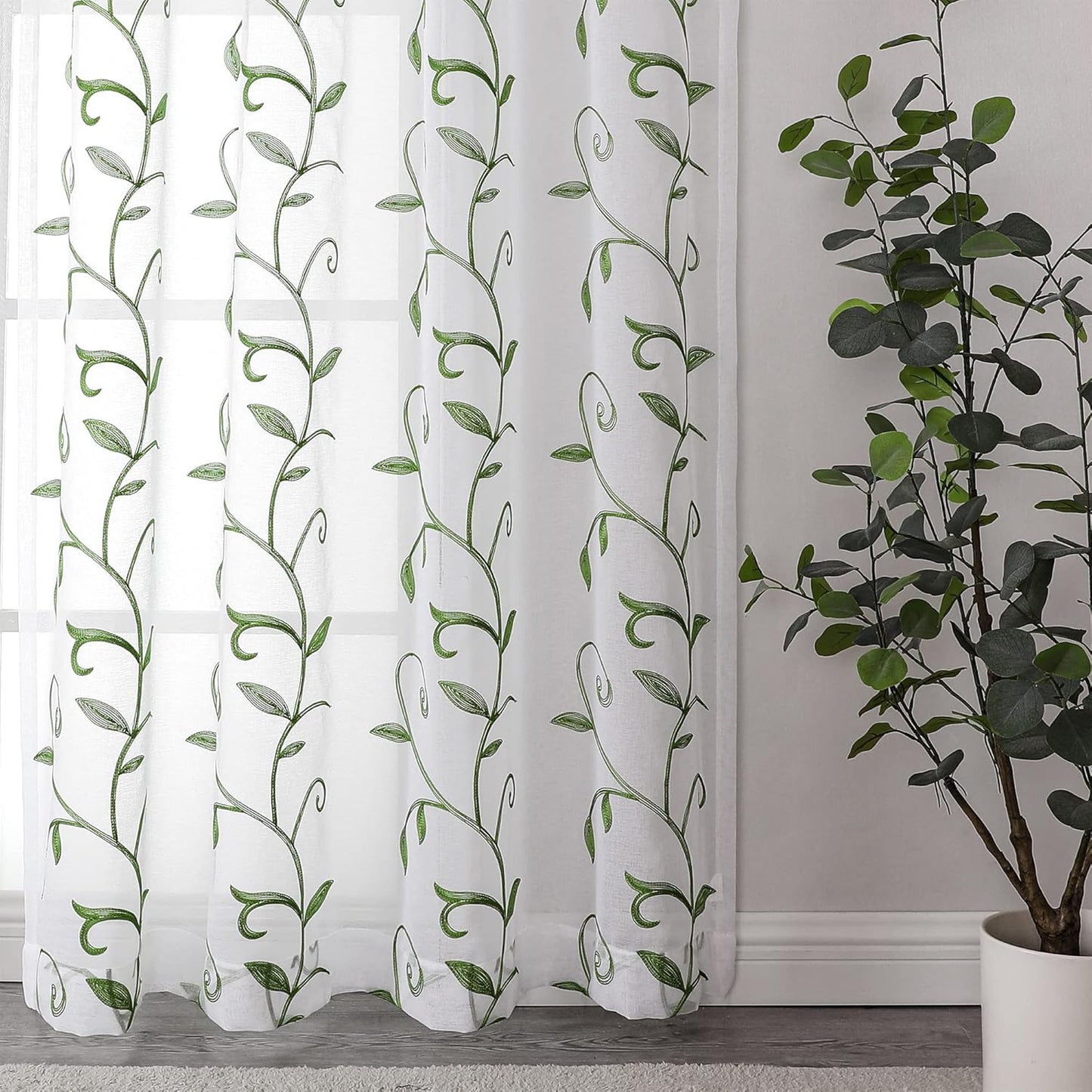 VISIONTEX Embroidered Green Sheer Voile Curtains, Leaves Embroidery Faux Linen Rod Pocket Window Drapes for Living Room and Girls Bedroom 54 x 95 Inch, Set of 2 Curtain Panels
