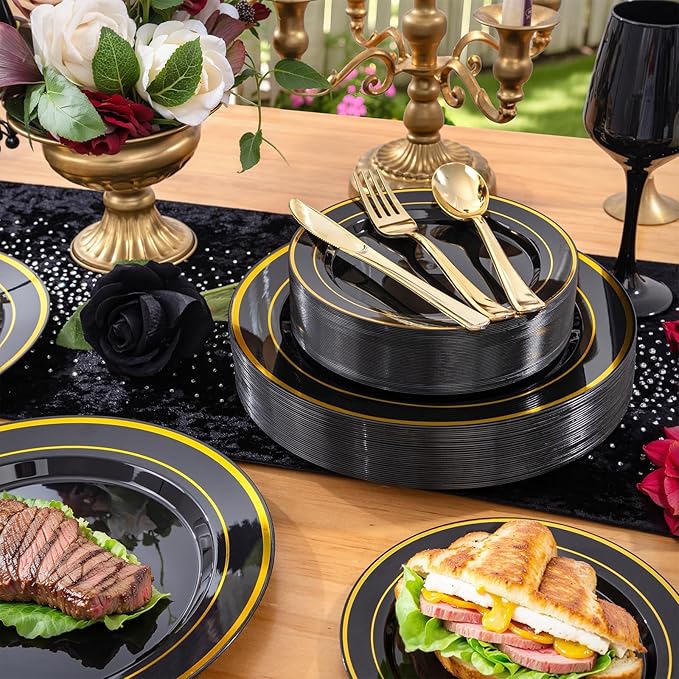 WELLIFE 210PCS Black and Gold Plastic Plates - Plastic Dinnerware Set for 30 Guests,Include 30 Dinner Plates, 30 Dessert Plates, 30 Black Cups 9 OZ, 30 Pre Rolled Napkins with Gold Silverware