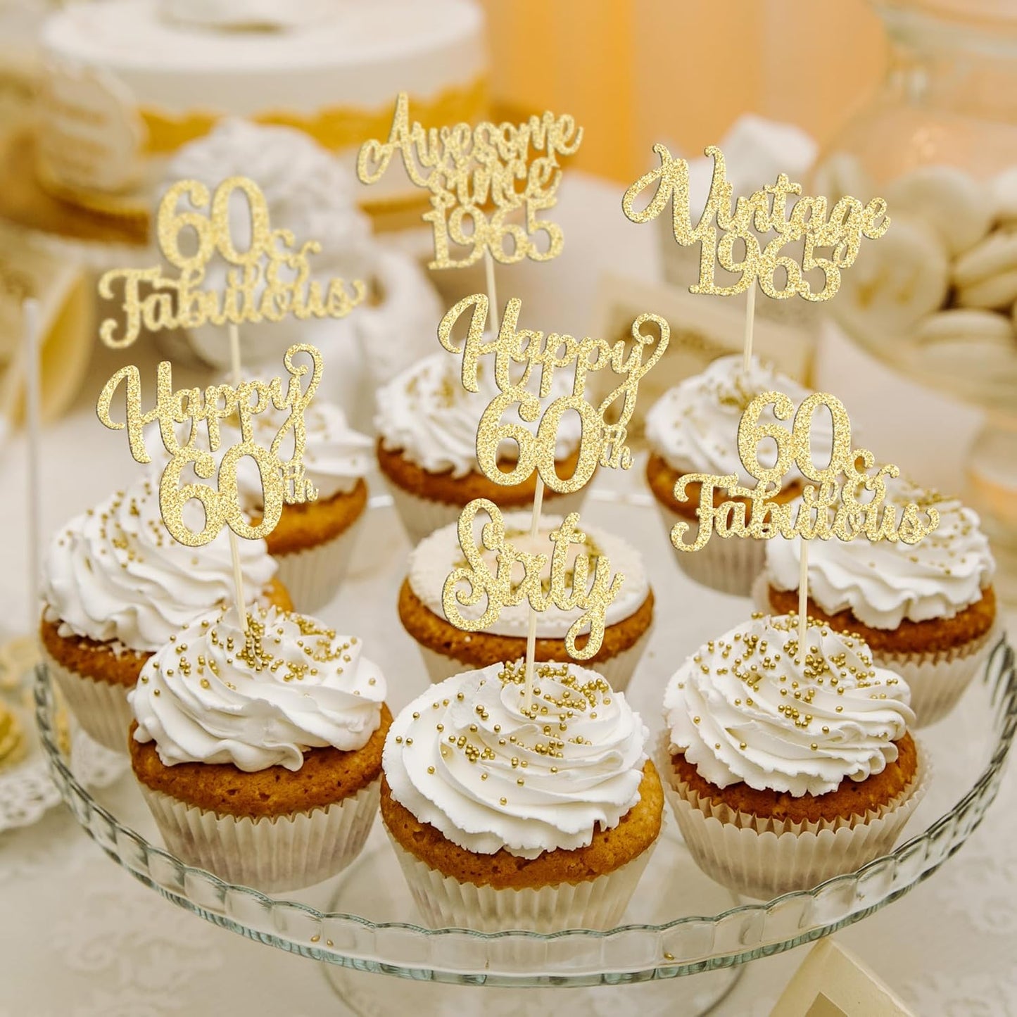 30Pcs Vintage 1965 Cupcake Toppers Glitter Sixty Happy 60th Birthday 60 Fabulous Cupcake Picks Cheers to 60 Years for 60th Birthday Wedding Anniversary Party Cake Decorations Supplies Gold