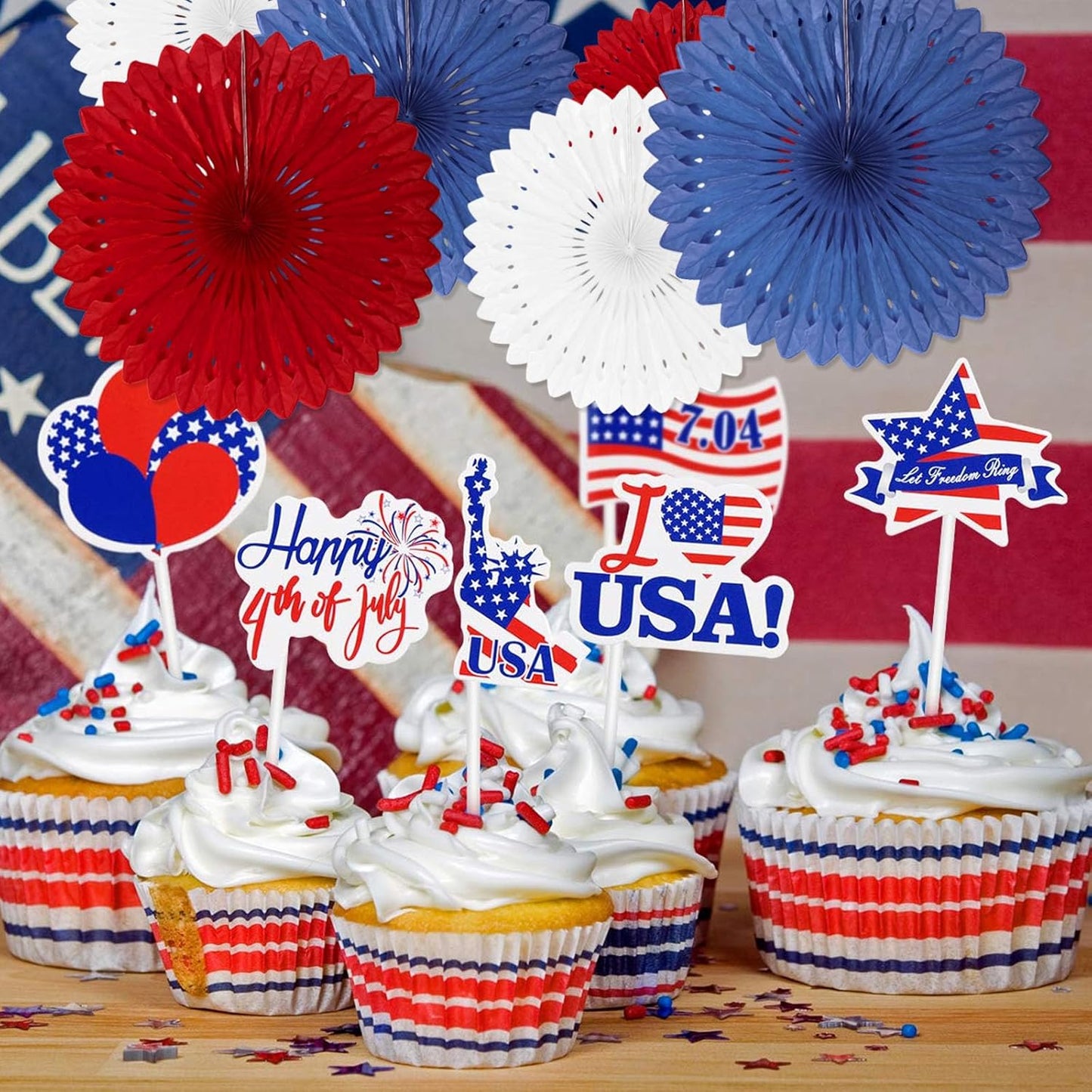 4th of July Patriotic Decorations, 18 Pcs Red White Blue Hanging Honeycomb Paper Fans, Round Paper Fan Decorations for American Fourth of July Memorial Day Independence Day Events Party Supplies