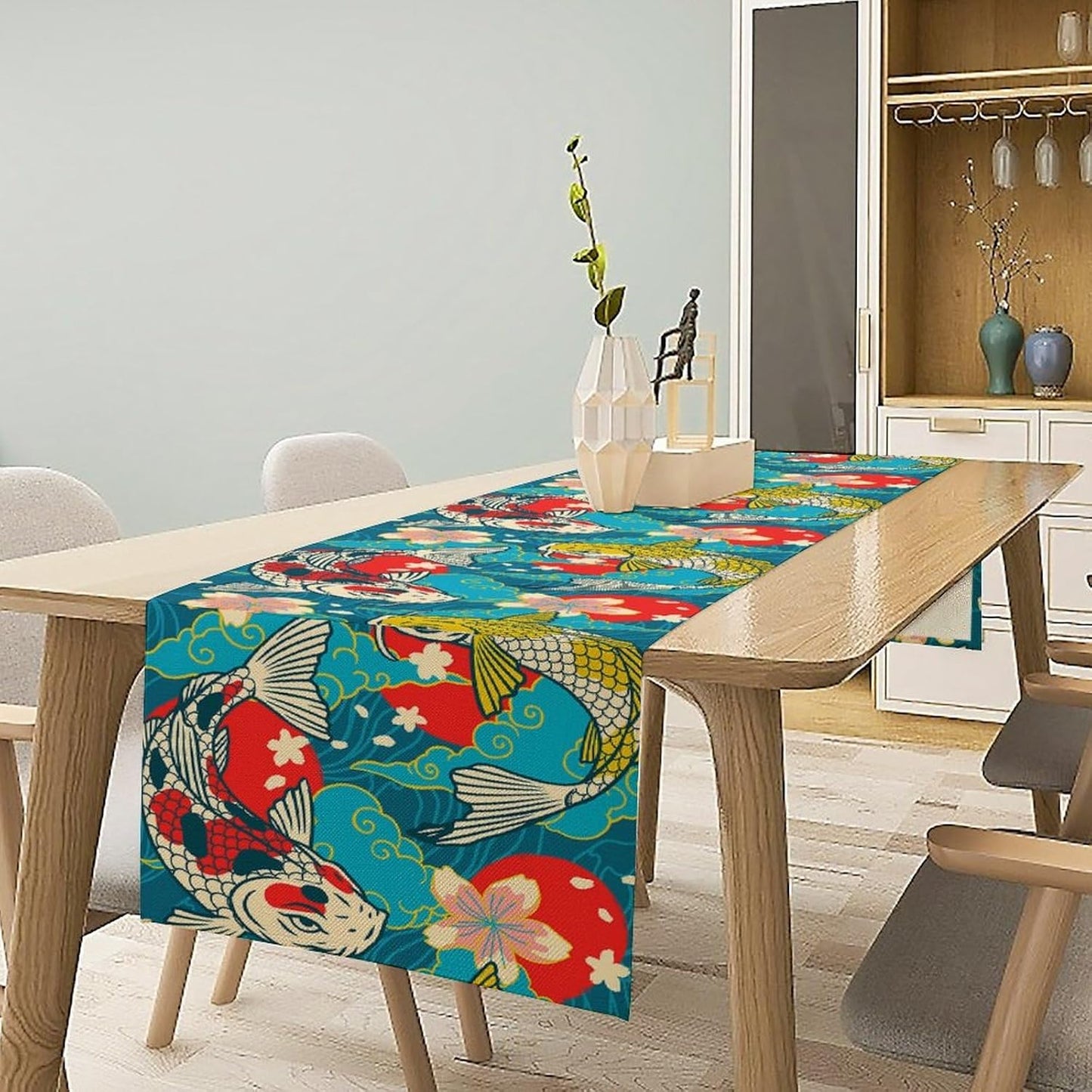 Japanese Kio Fish Table Runner Oriental Tradition Cherry Art Printed Burlap Runner Home Kitchen Dining Table Living Room Decor Fabric 1 Panel W13xL120in