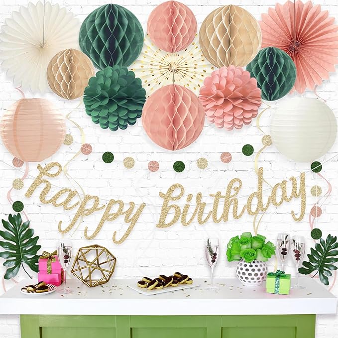 Pink Sage Green Happy Birthday Decorations, Pre-Strung Happy Birthday Banner with Honeycomb Balls, Paper Flowers, Lanterns, Hanging Swirls, Circle Dots Garland for Birthdays Party Decorations 24pcs