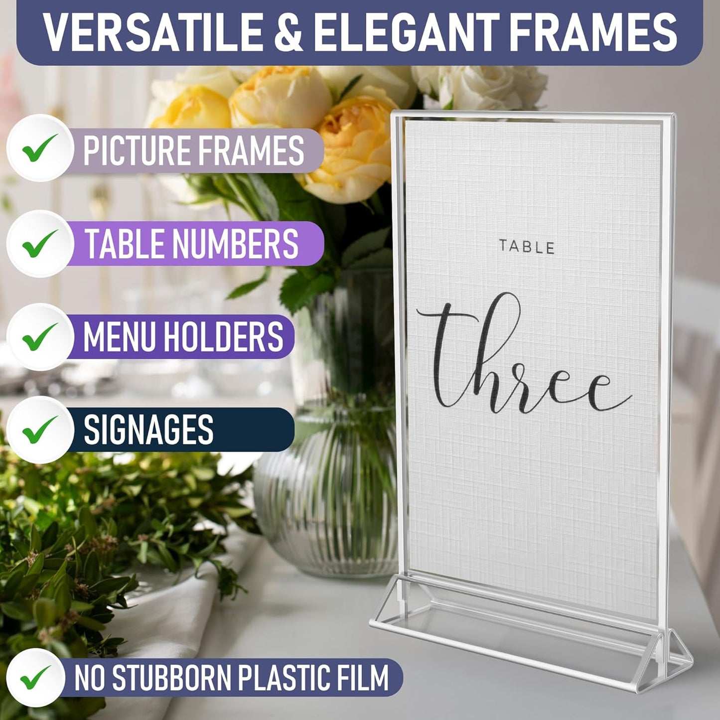 Silver Picture Frames Double-Sided, 6-Pack 8.5x11 Acrylic Table Number Holders, Clear Easel Stands for Signs, Silver Frames for Wedding Table Numbers, Menu Holders, Photo Displays for Events and Décor