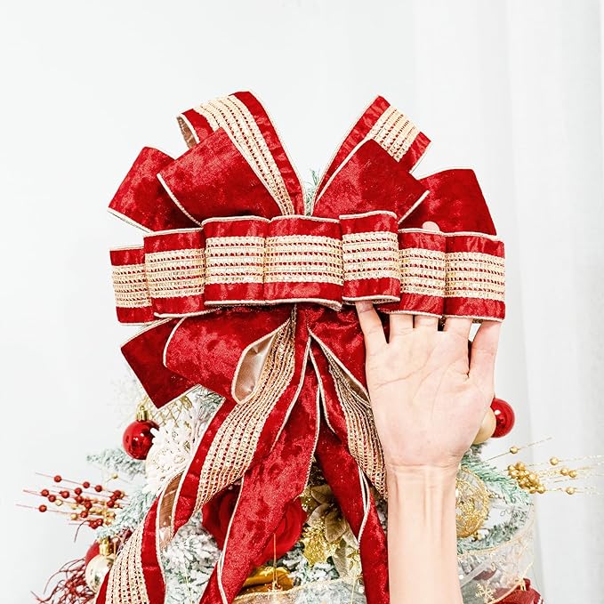 Christmas Tree Topper Bow,53 x 13 Inches Velvet Large Christmas Bow Decor with Long Glittering Streamer Line,Xmas Decorations for Tree Wreath Door Festival Home(Red & Gold Line)